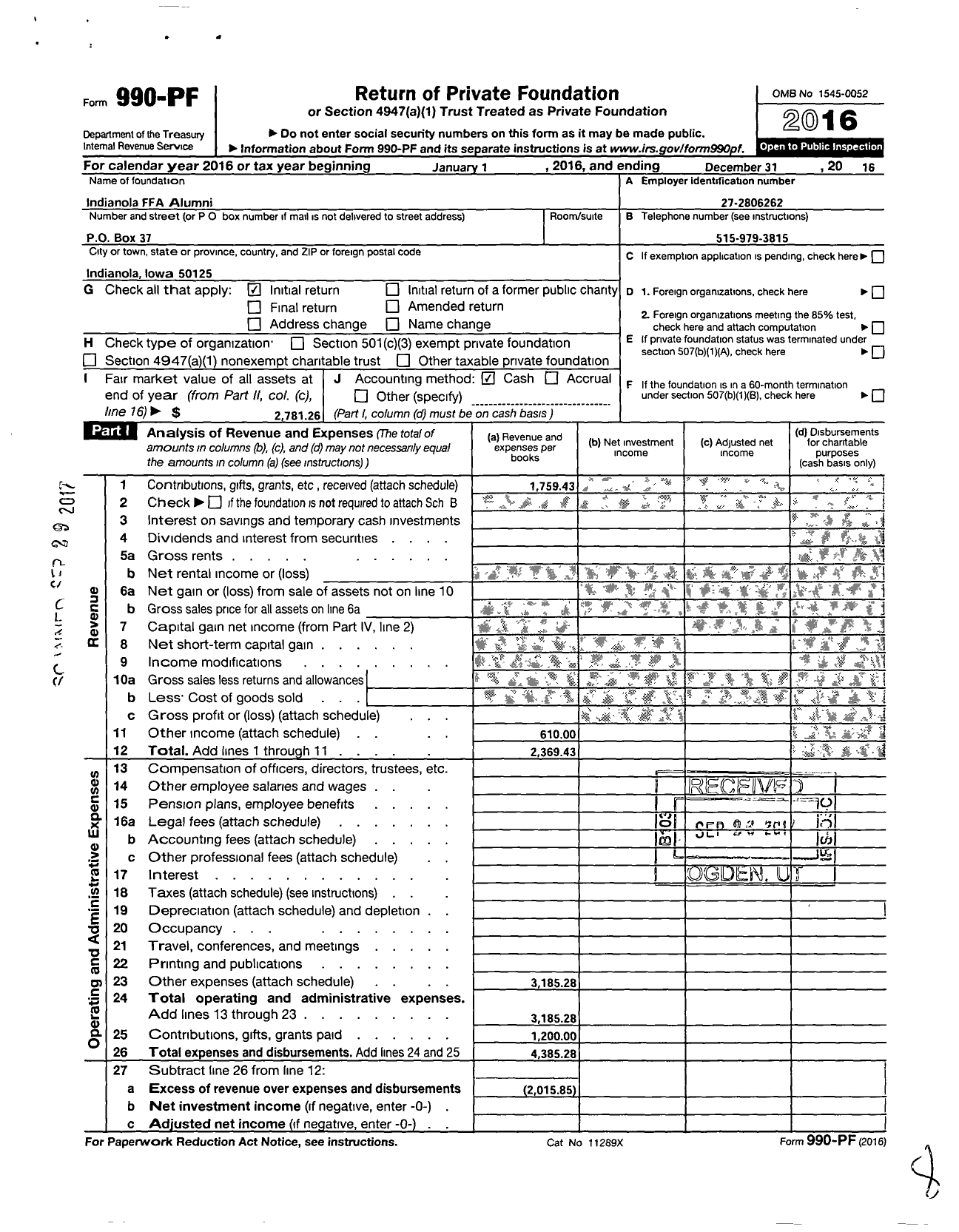 Image of first page of 2016 Form 990PF for Indianola Ffa Alumni