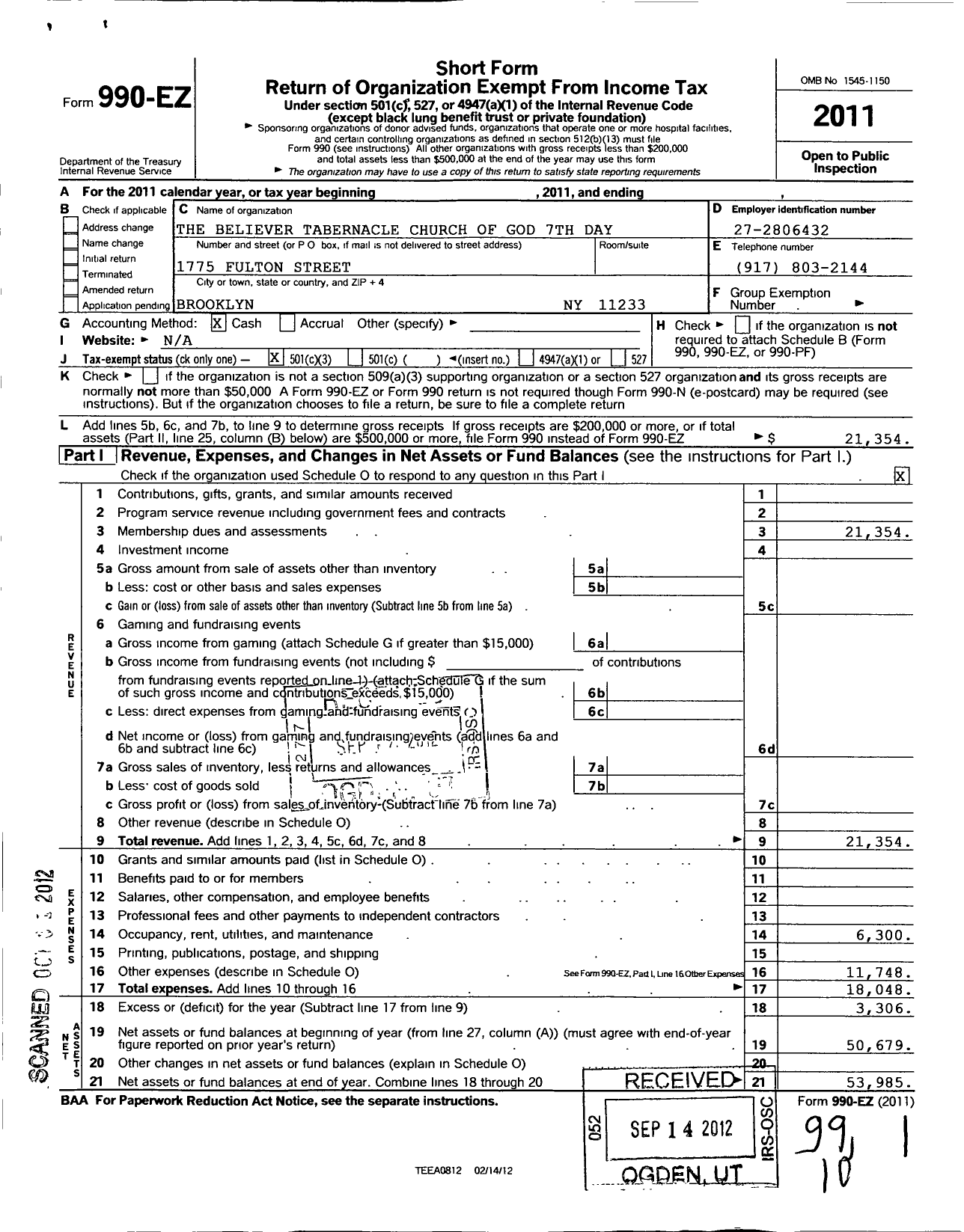 Image of first page of 2011 Form 990EZ for Believers Tabernacle Church of God 7 Day