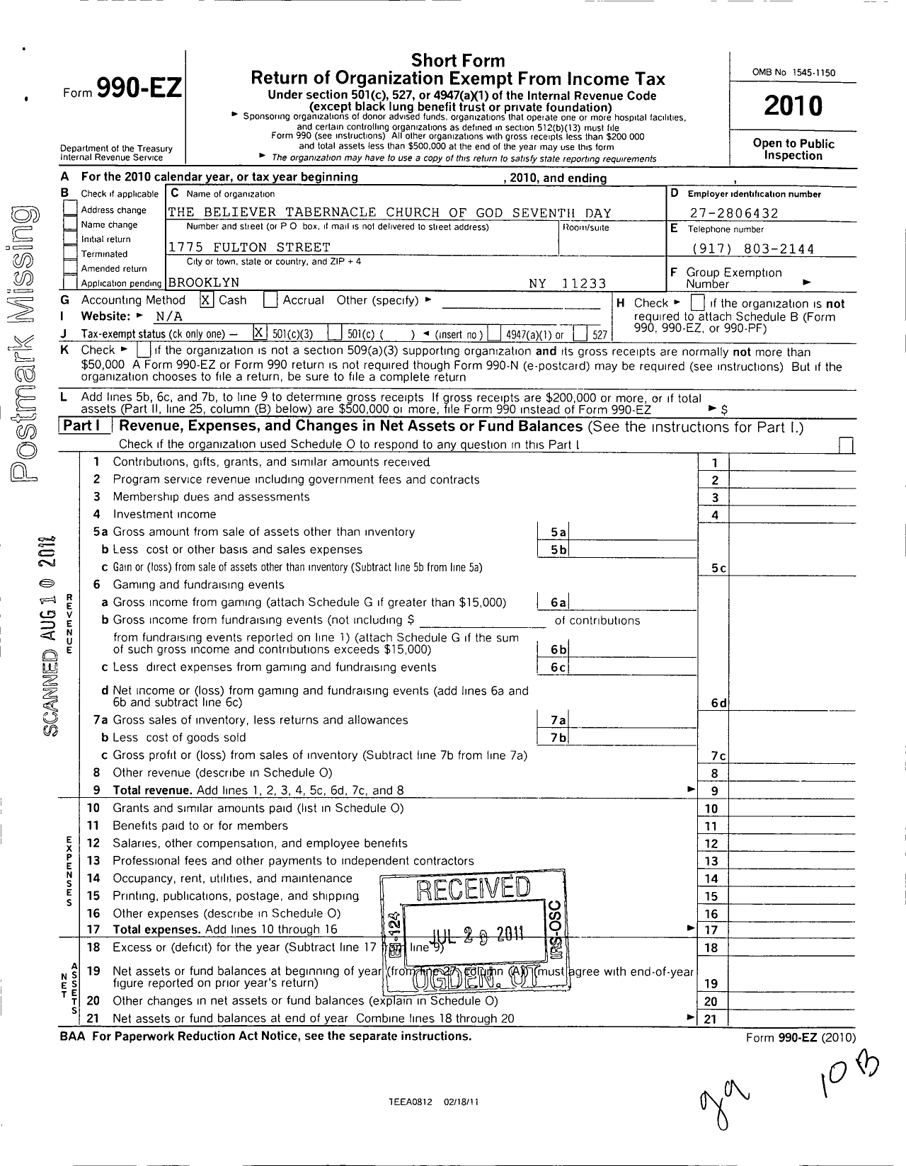 Image of first page of 2010 Form 990EZ for Believers Tabernacle Church of God 7 Day