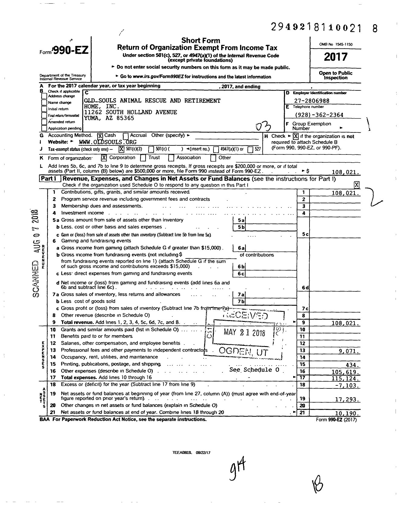 Image of first page of 2017 Form 990EZ for Old Souls Animal Rescue and Retirement Home