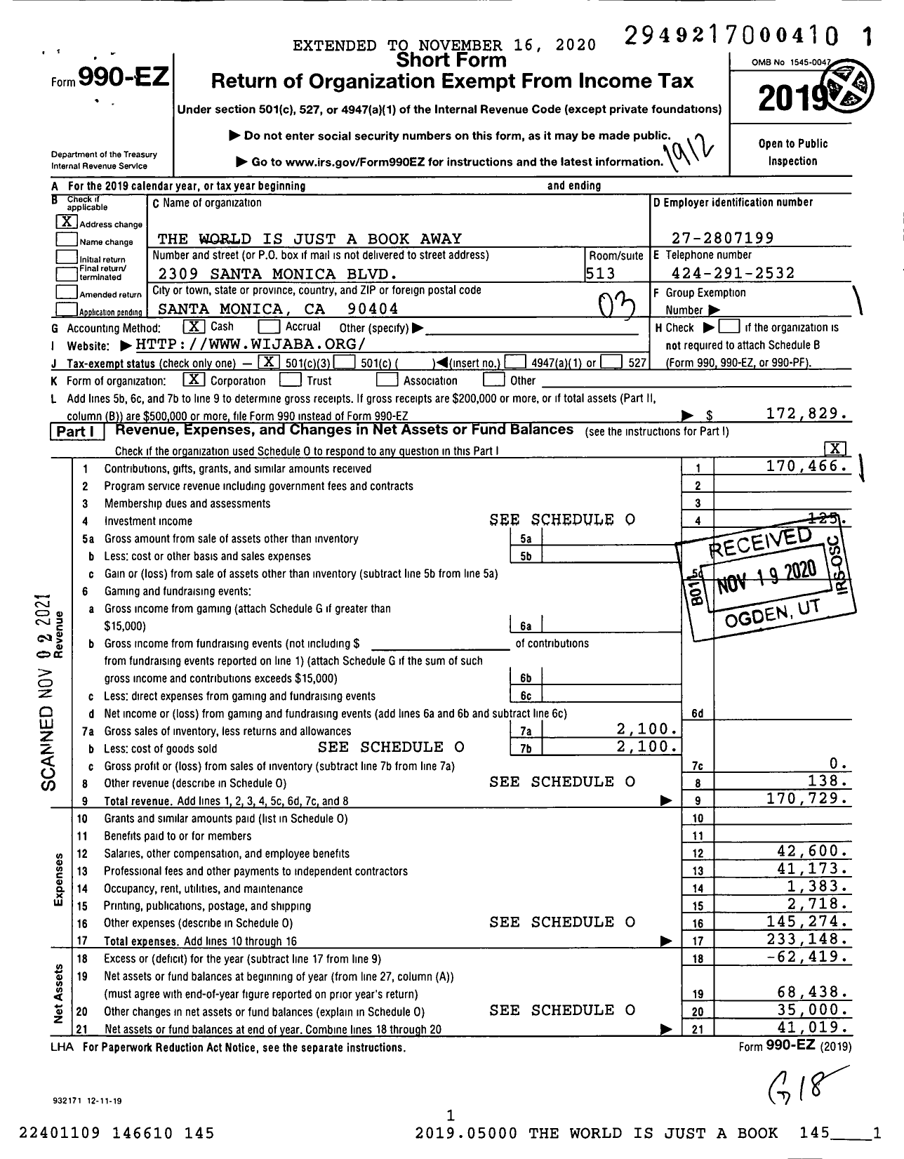 Image of first page of 2019 Form 990EZ for The World is Just a Book Away