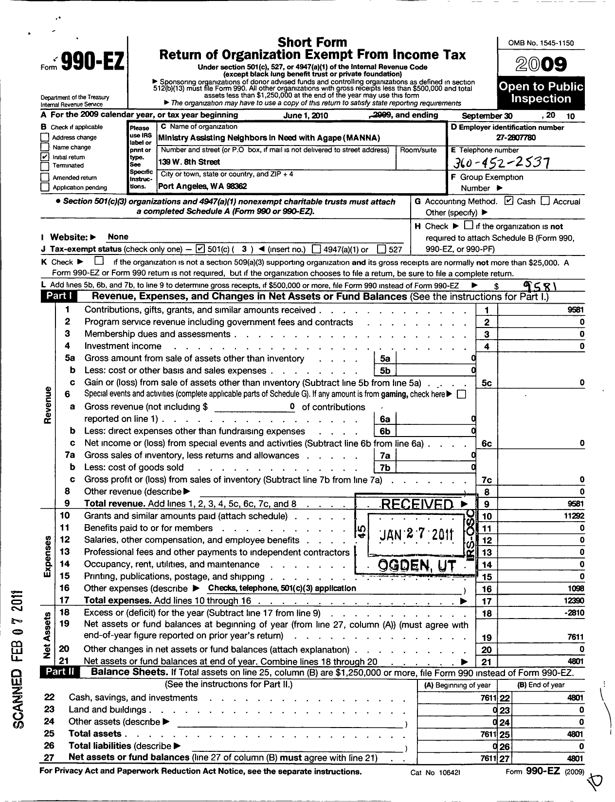 Image of first page of 2009 Form 990EZ for Ministry Assisting Neighbors in Need with Agape