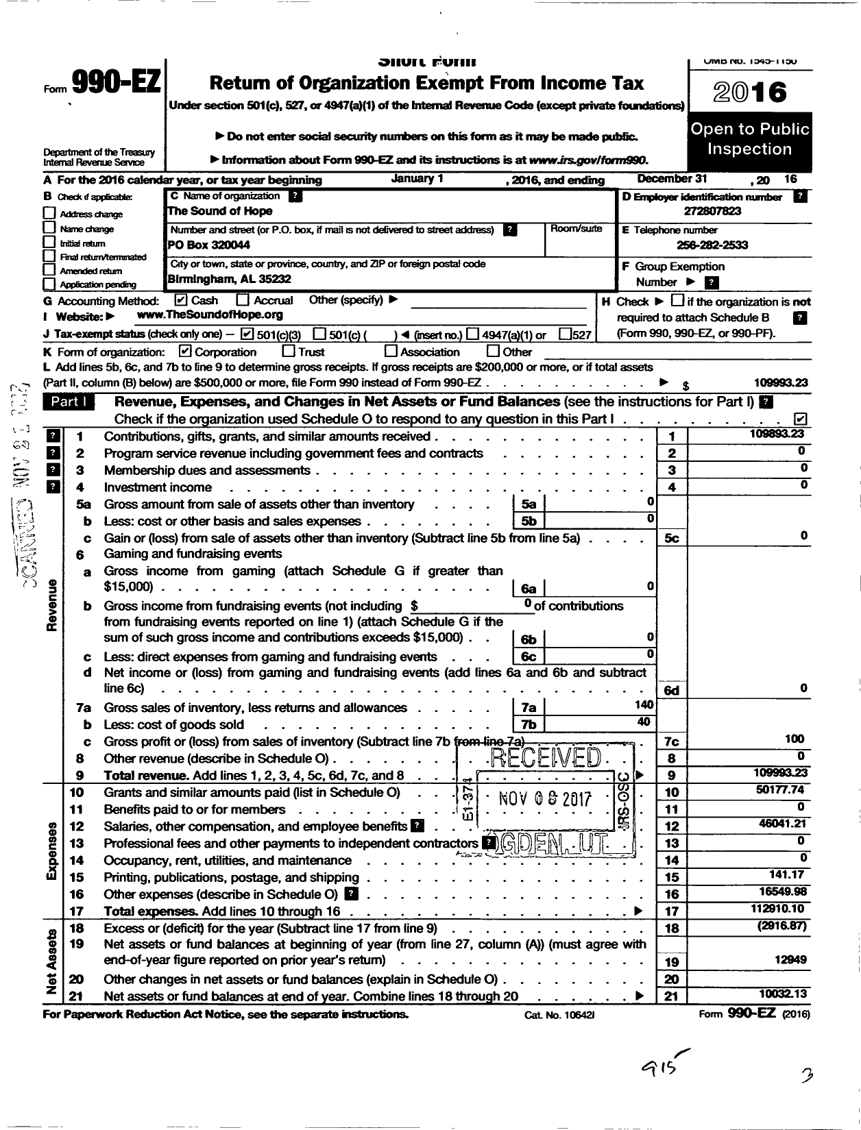 Image of first page of 2016 Form 990EZ for The SOUND of Hope The SOUND of Hope