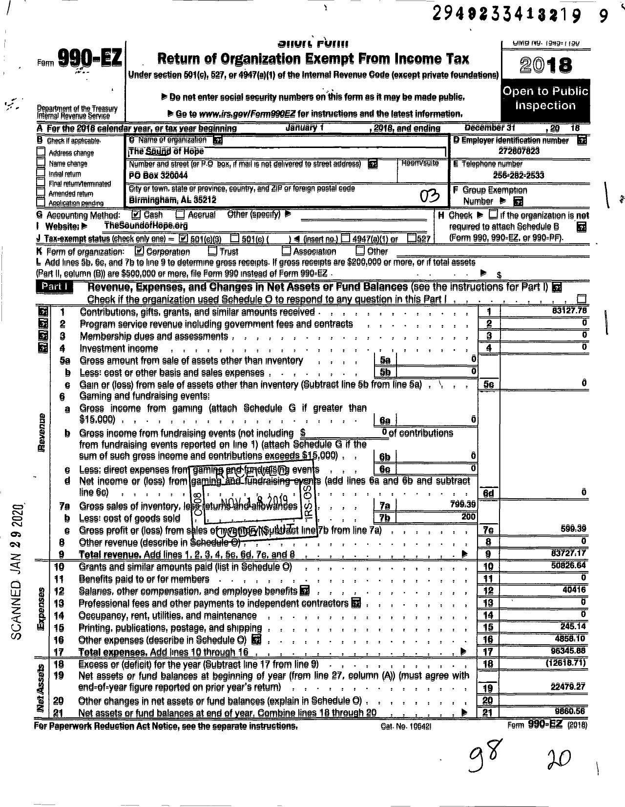 Image of first page of 2018 Form 990EZ for The SOUND of Hope The SOUND of Hope