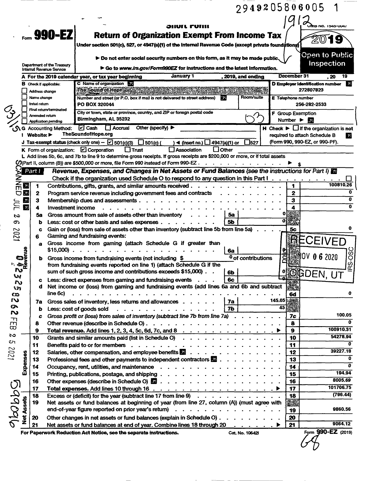 Image of first page of 2019 Form 990EZ for The SOUND of Hope The SOUND of Hope