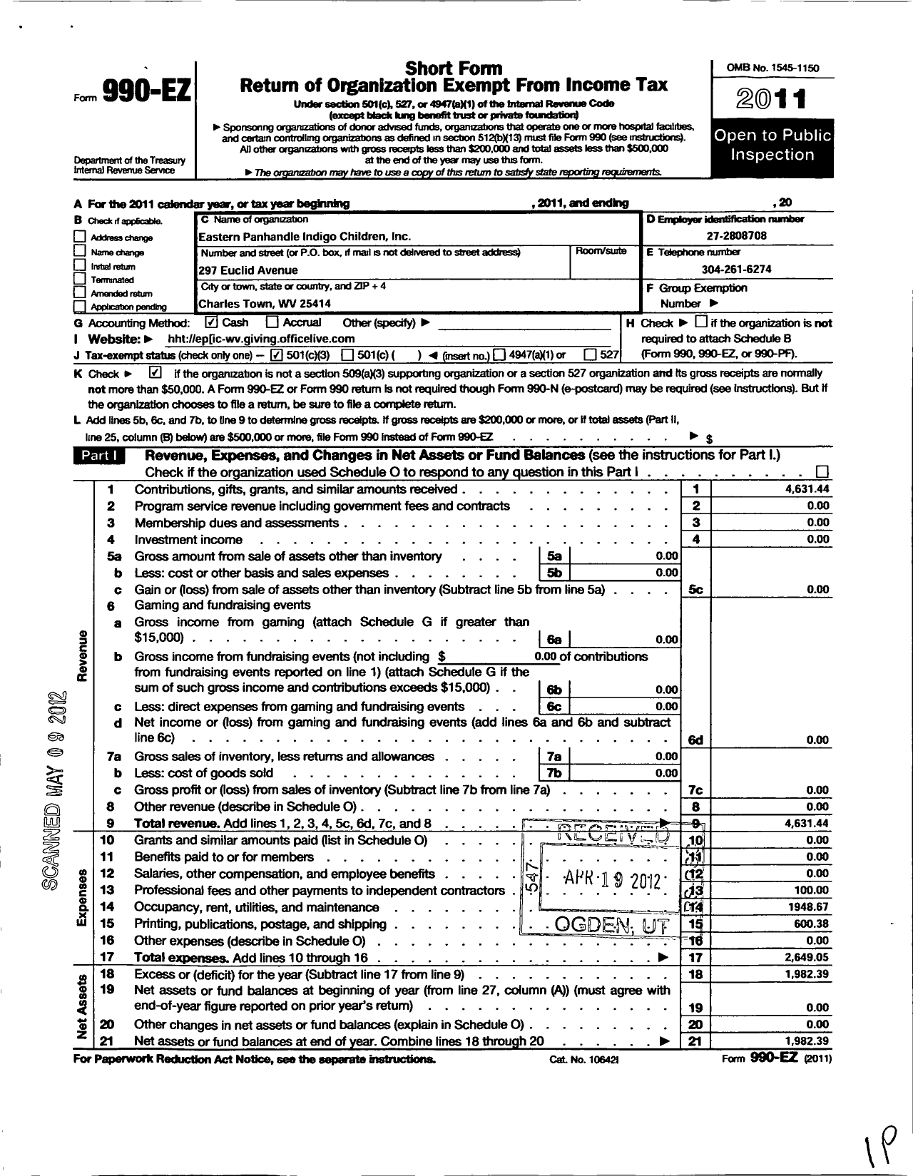 Image of first page of 2011 Form 990EZ for Eastern Panhandle Indigo Children