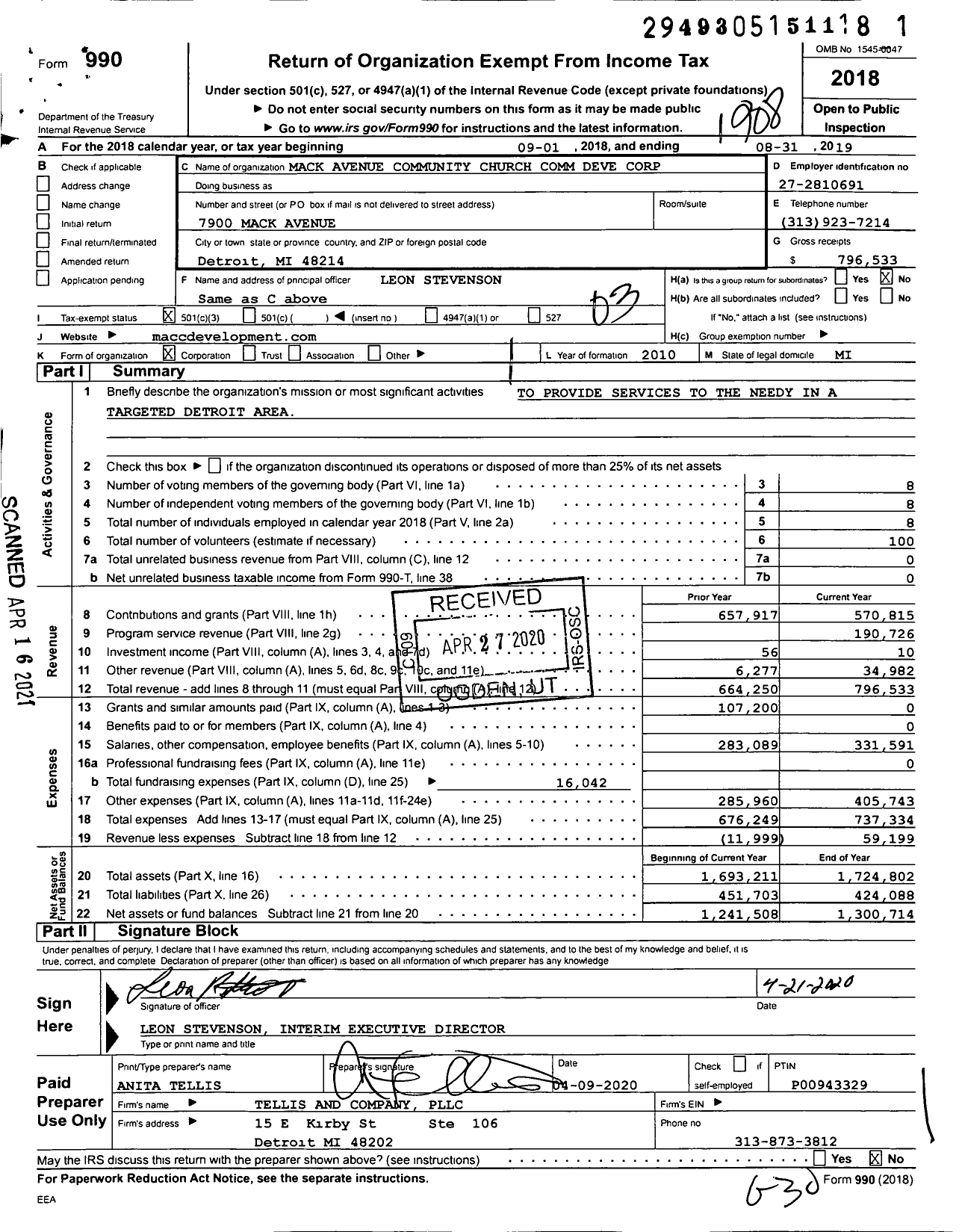 Image of first page of 2018 Form 990 for Mack Avenue Community Church Comm Deve Corporation