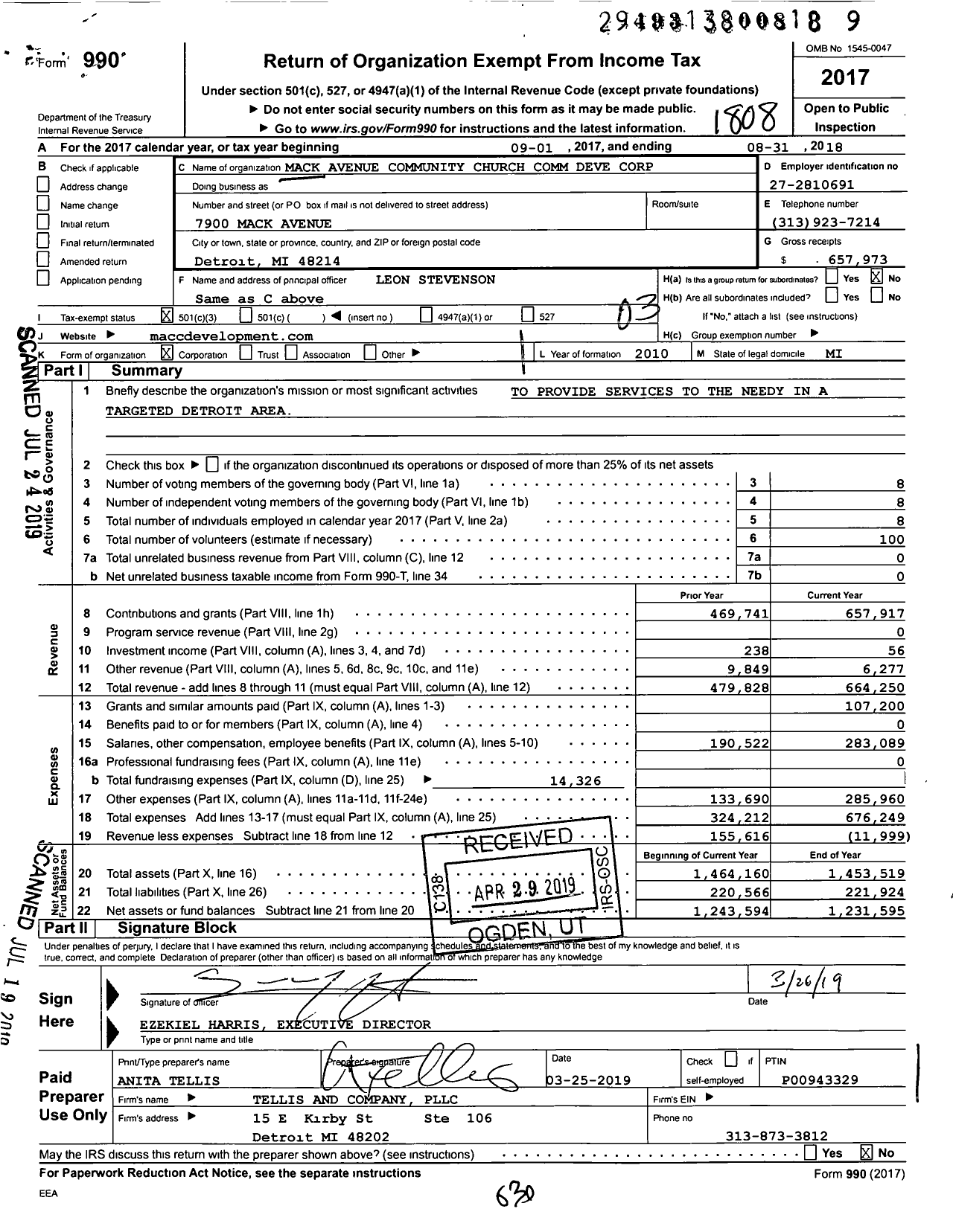 Image of first page of 2017 Form 990 for Mack Avenue Community Church Comm Deve Corporation