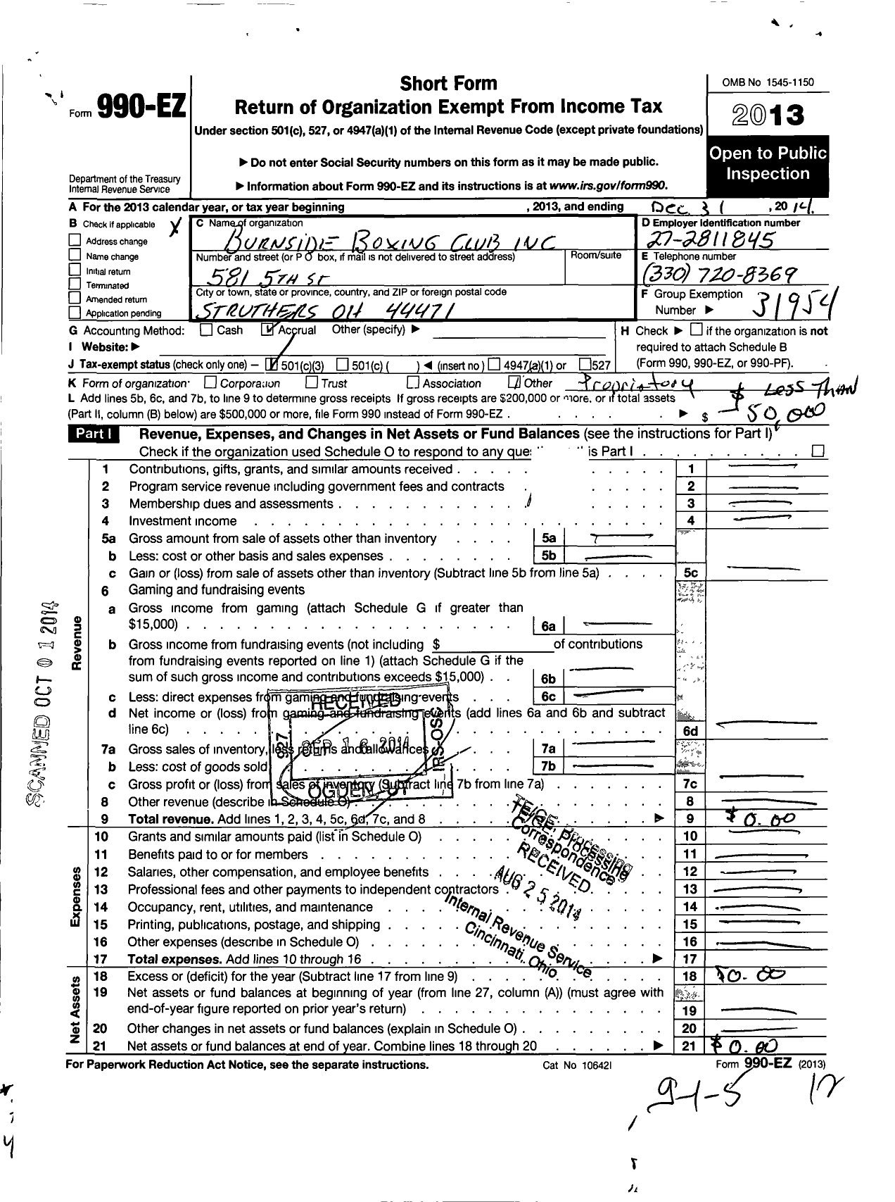 Image of first page of 2014 Form 990EZ for Burnside Boxing