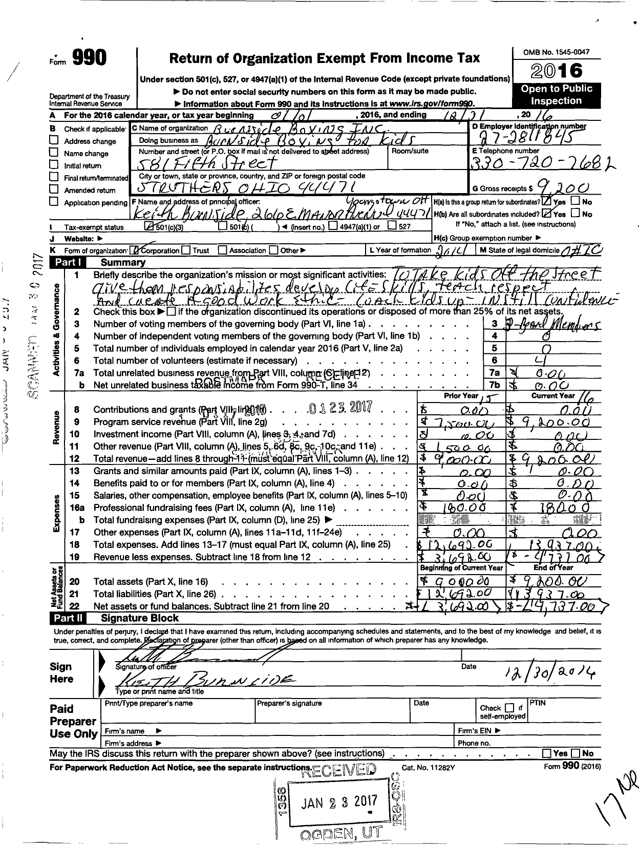 Image of first page of 2016 Form 990 for Burnside Boxing