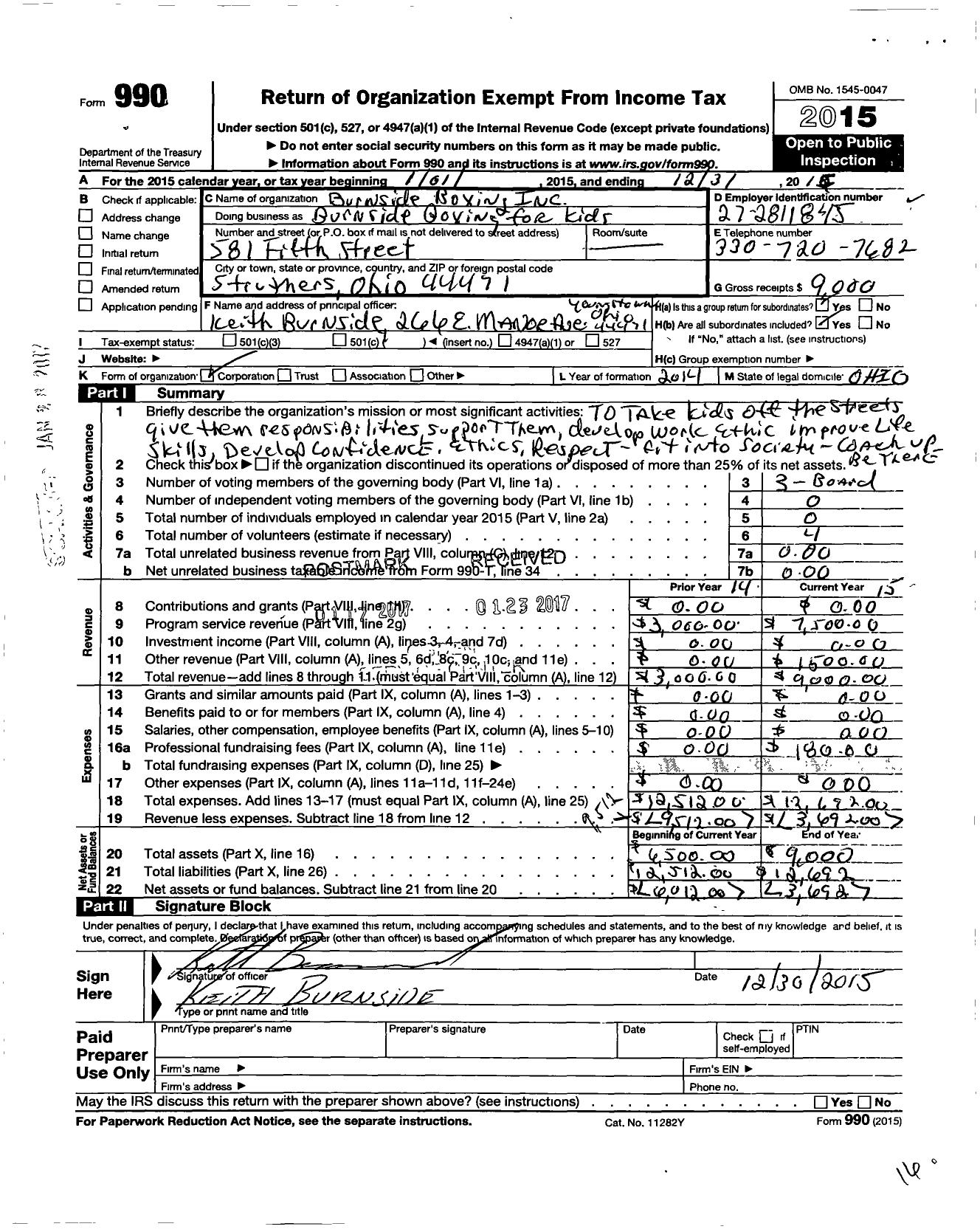 Image of first page of 2015 Form 990O for Burnside Boxing