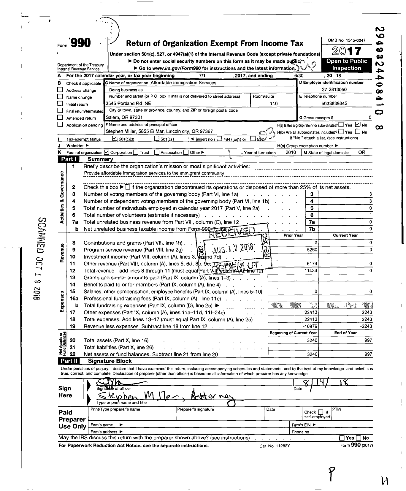 Image of first page of 2017 Form 990 for Affordable Immigration Services