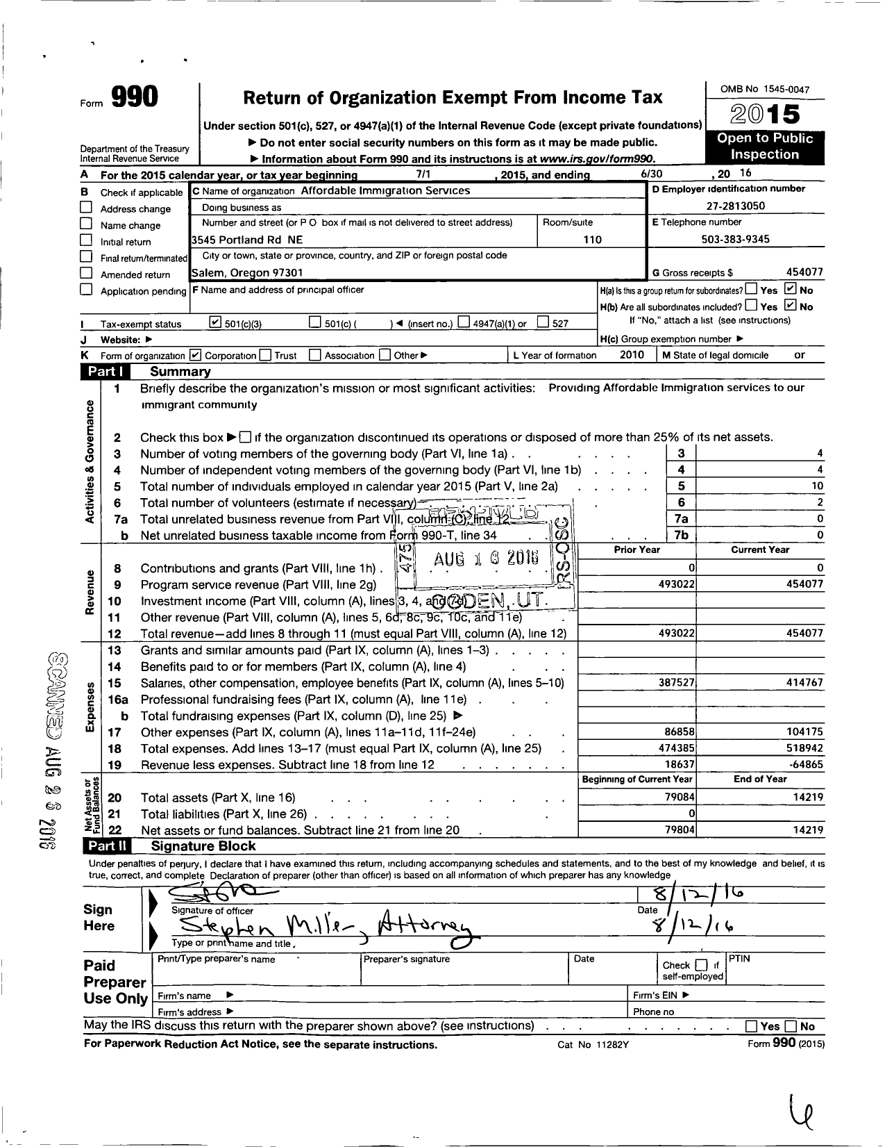 Image of first page of 2015 Form 990 for Affordable Immigration Services