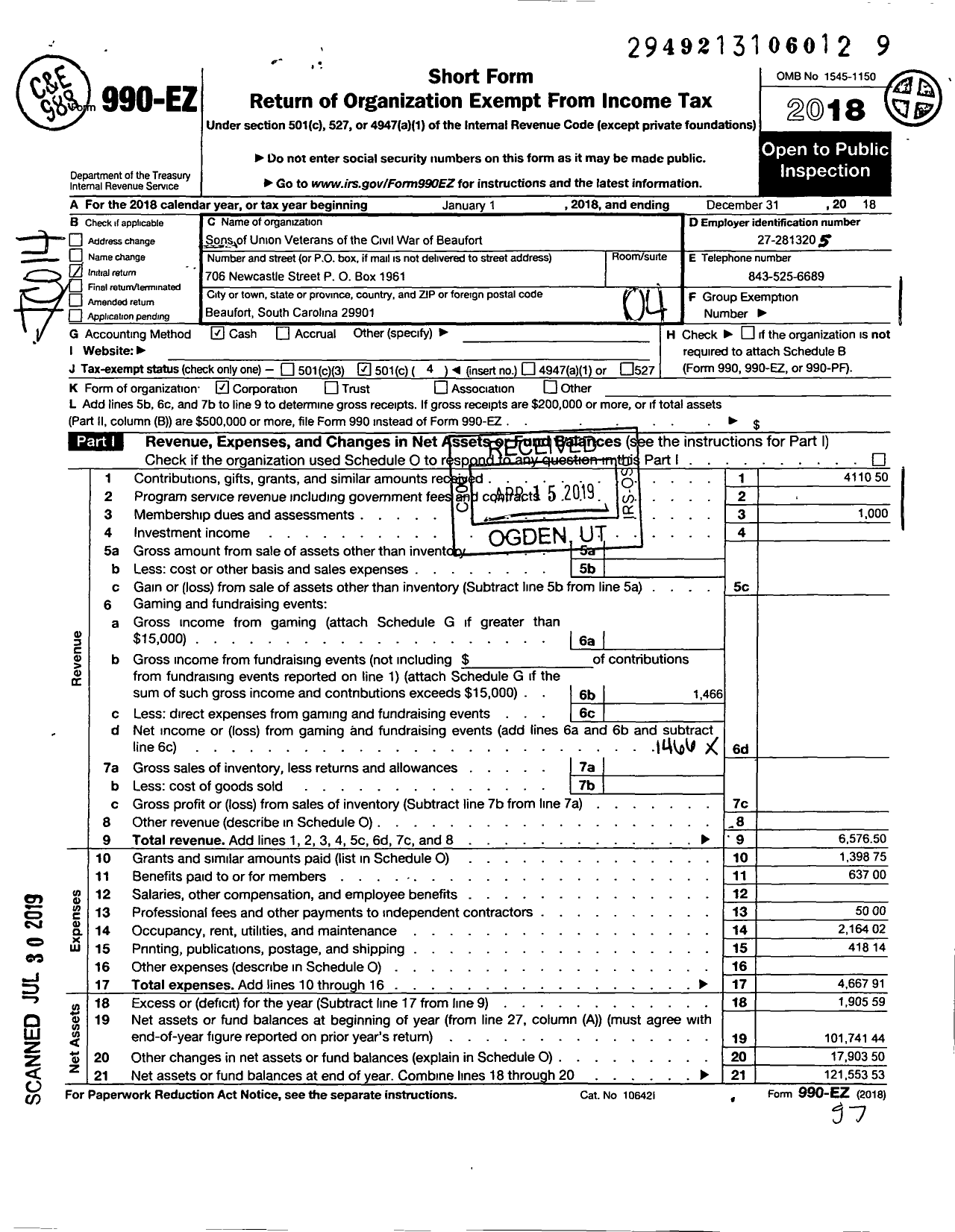 Image of first page of 2018 Form 990EO for Sons of Union Veterans of the Civil War