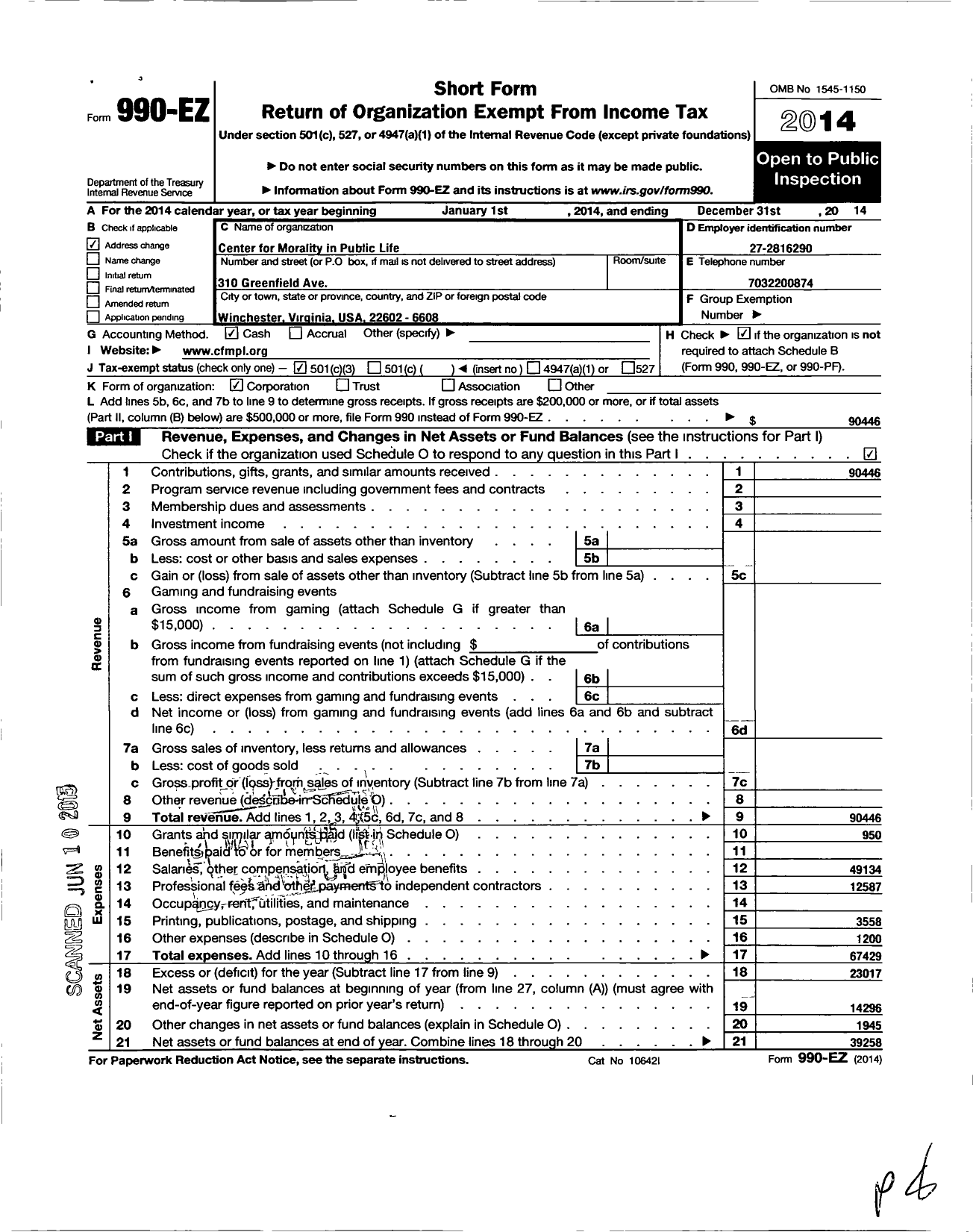 Image of first page of 2014 Form 990EZ for Center for Morality in Public Life