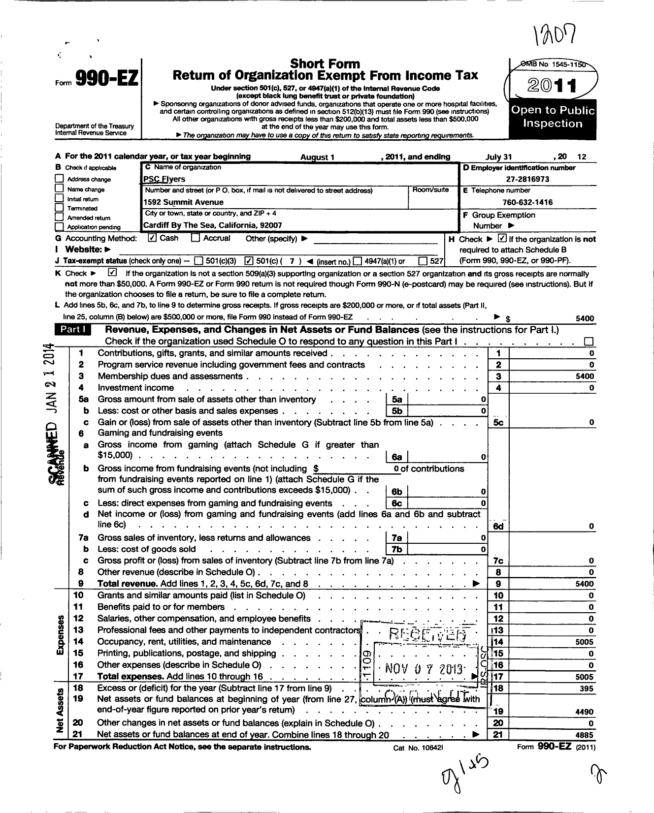 Image of first page of 2011 Form 990EO for PSC Flyers