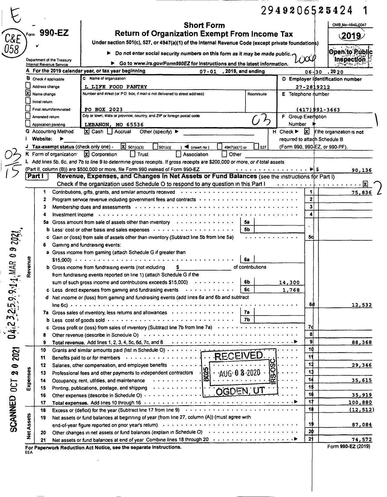 Image of first page of 2019 Form 990EZ for L-Life Food Pantry