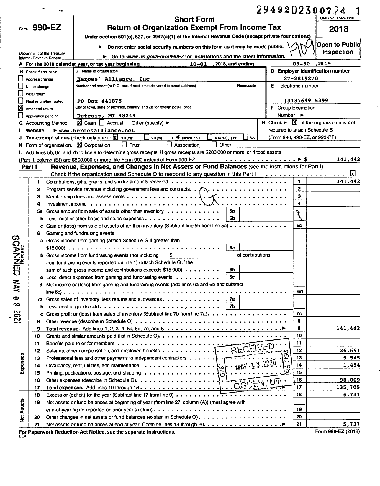 Image of first page of 2018 Form 990EZ for Heroes' Alliance