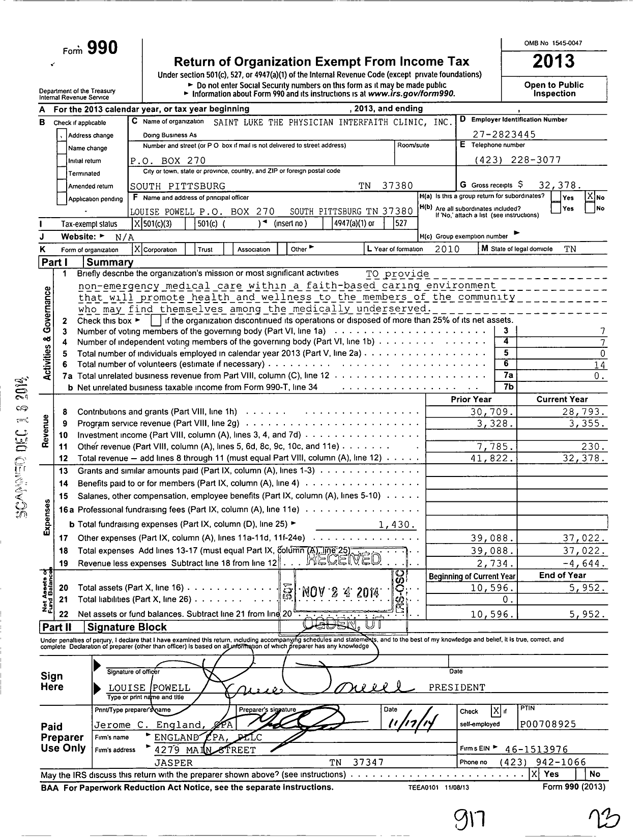 Image of first page of 2013 Form 990 for Saint Luke the Physician Interfaith Clinic