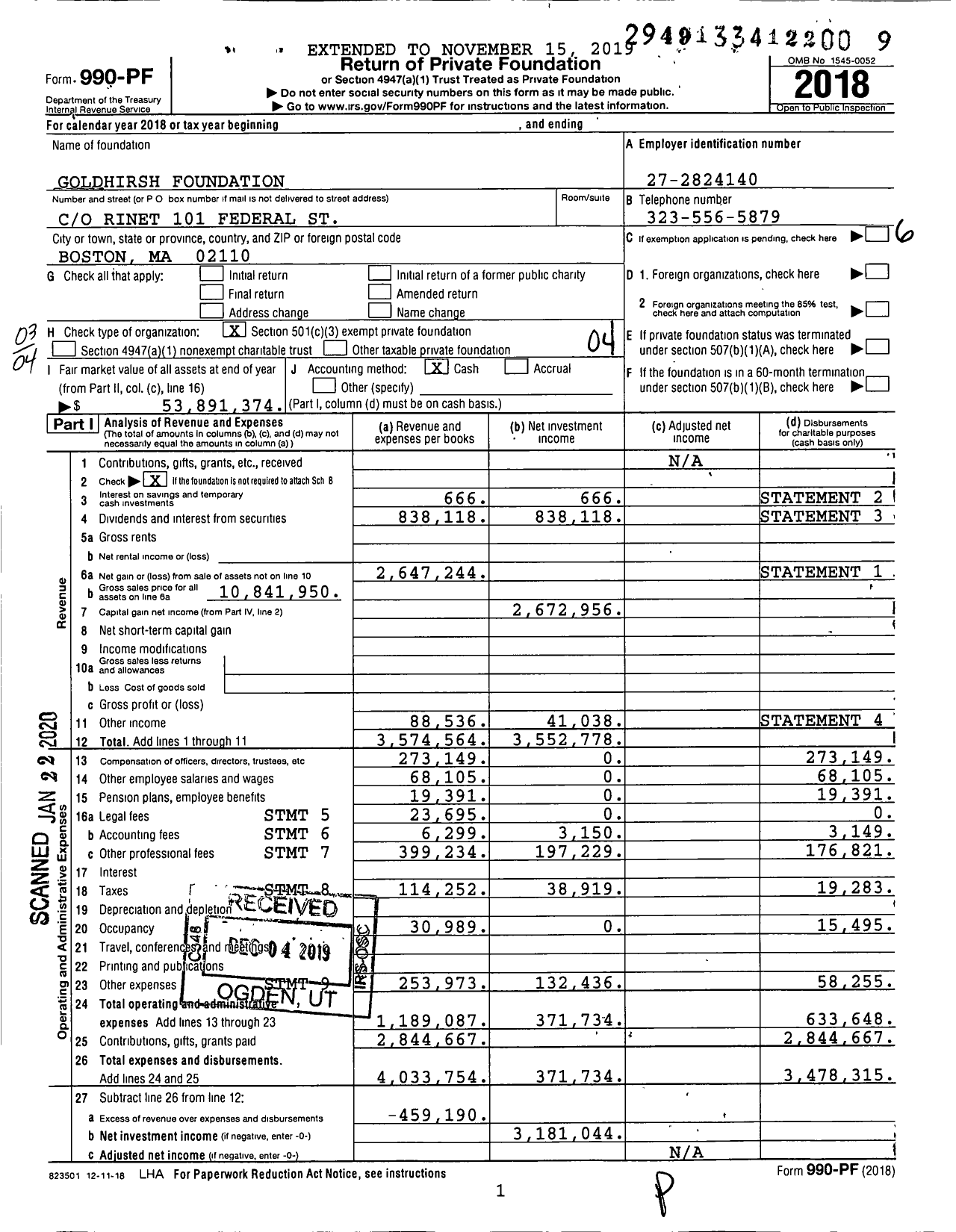 Image of first page of 2018 Form 990PF for Goldhirsh Foundation