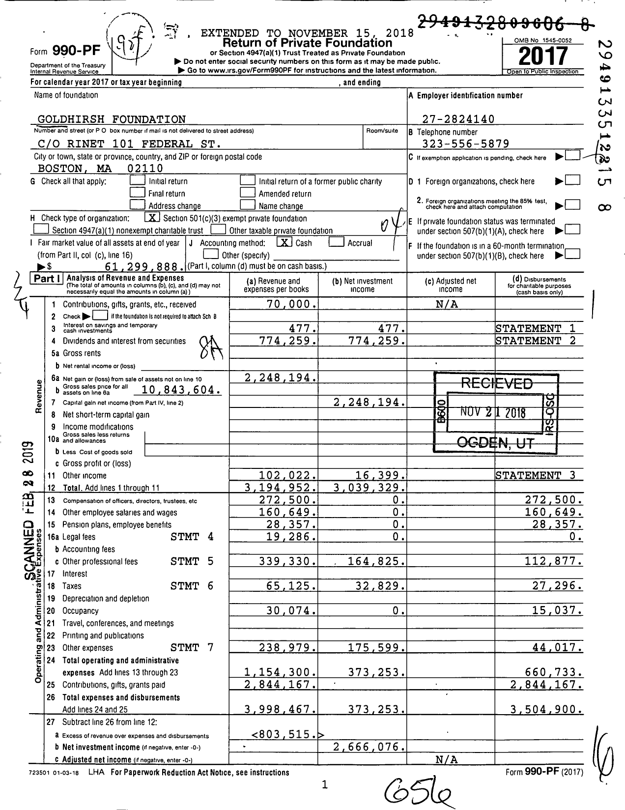 Image of first page of 2017 Form 990PF for Goldhirsh Foundation