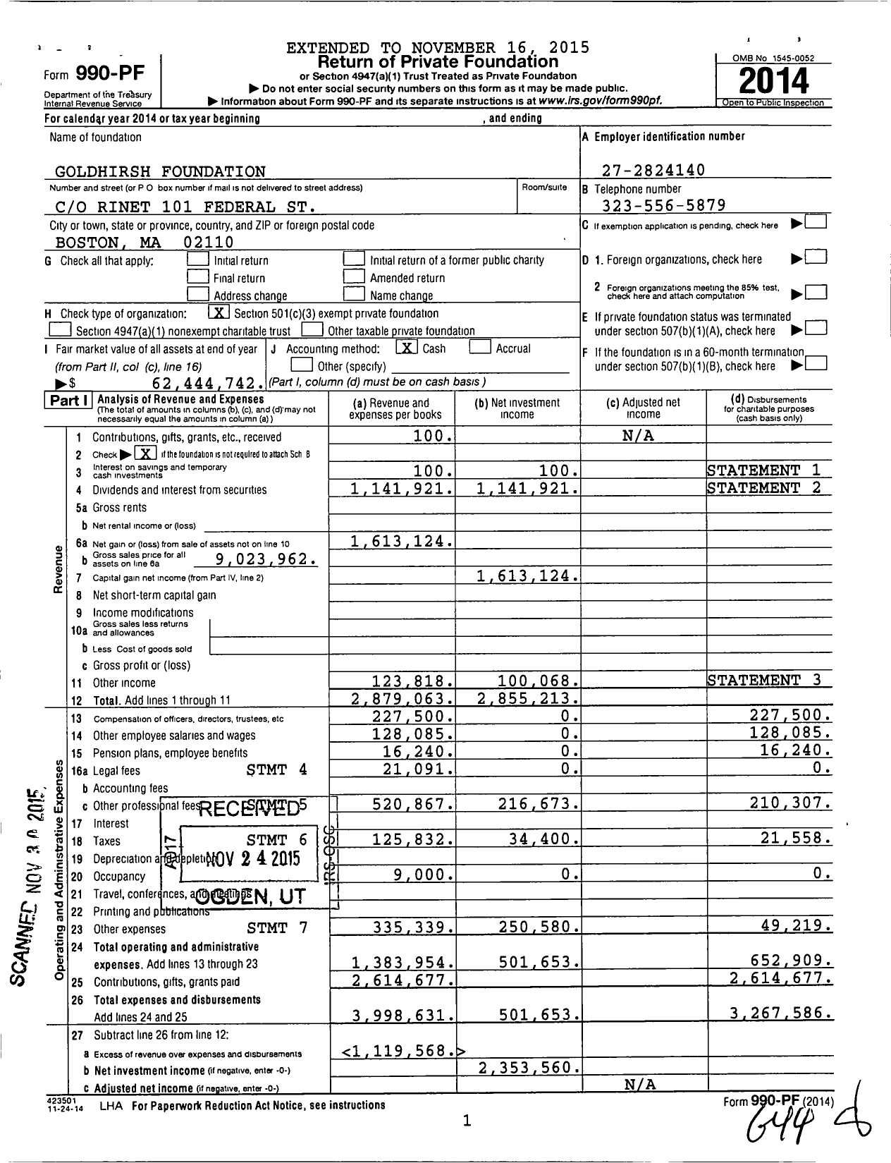 Image of first page of 2014 Form 990PF for Goldhirsh Foundation