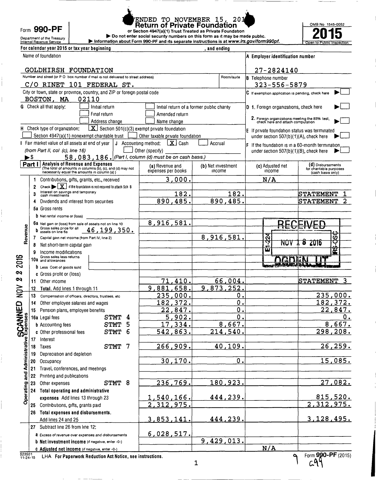 Image of first page of 2015 Form 990PF for Goldhirsh Foundation
