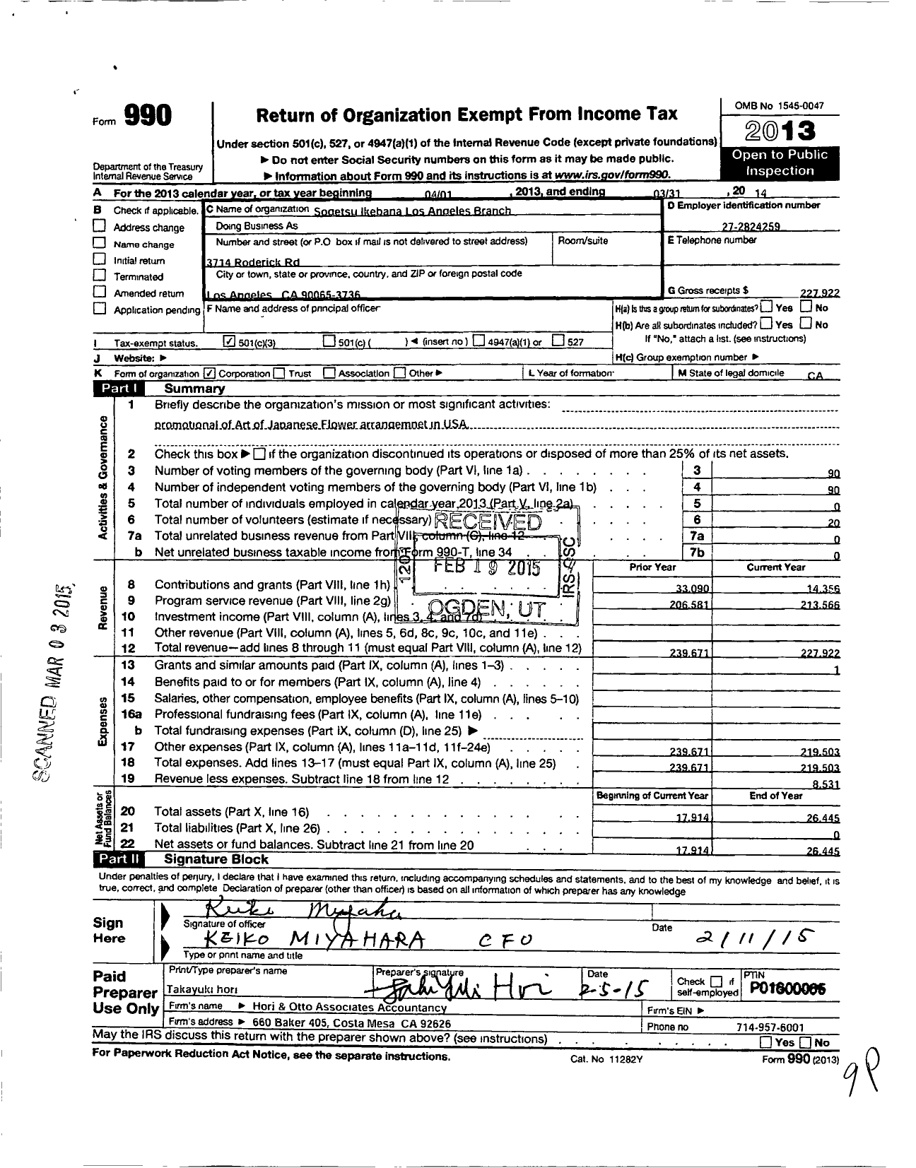 Image of first page of 2013 Form 990 for Sogetsu Ikebana Los Angeles Branch