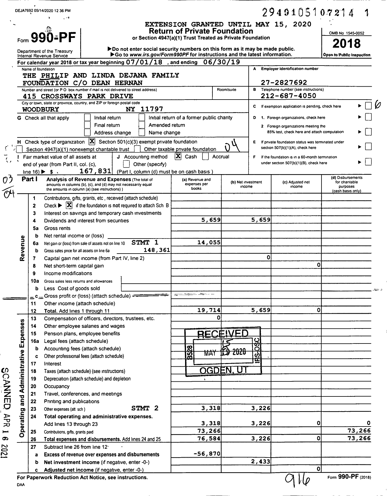 Image of first page of 2018 Form 990PF for The Philip and Linda Dejana Family Foundation