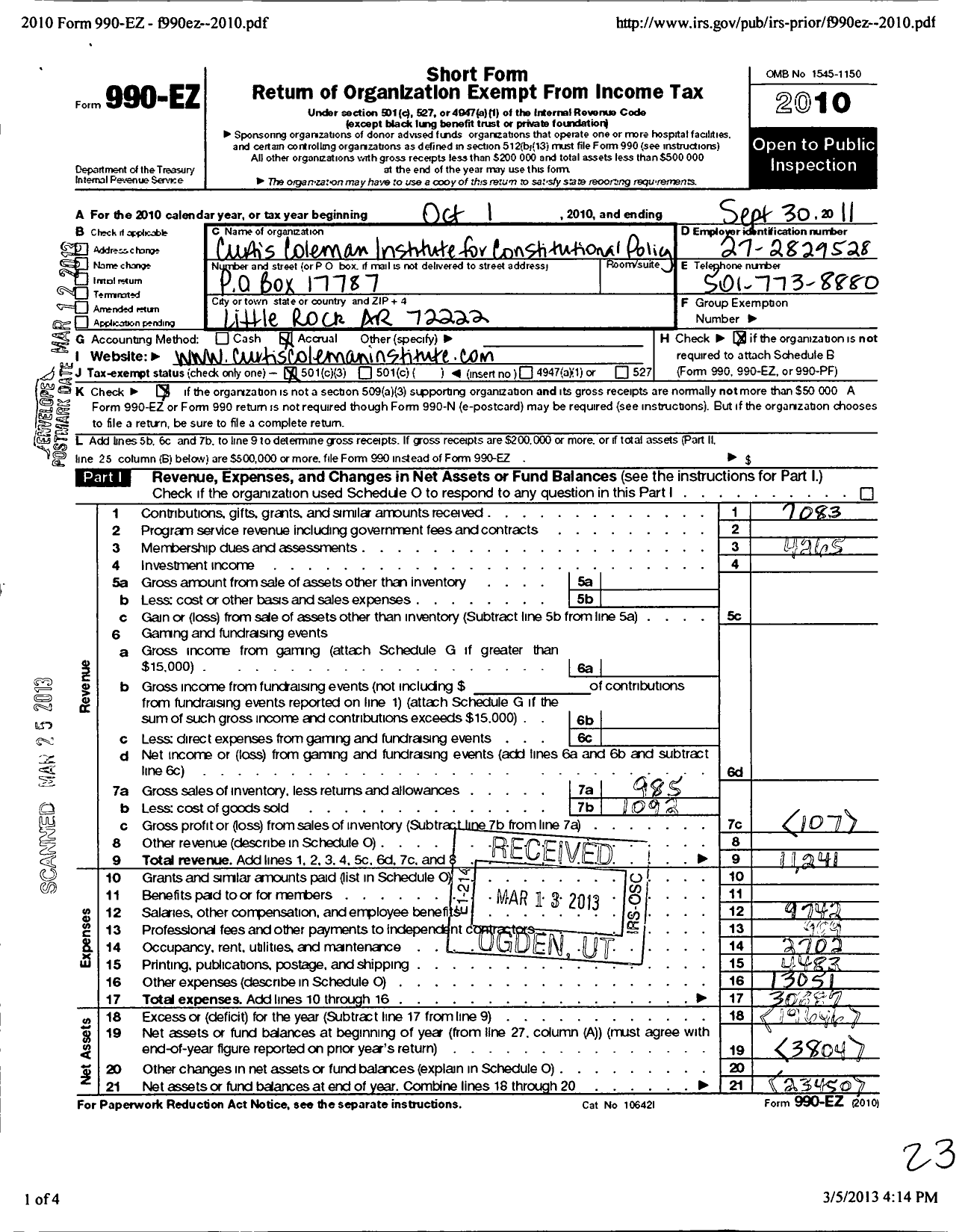 Image of first page of 2010 Form 990EZ for Curtis Coleman Institute for Constitutional Policy