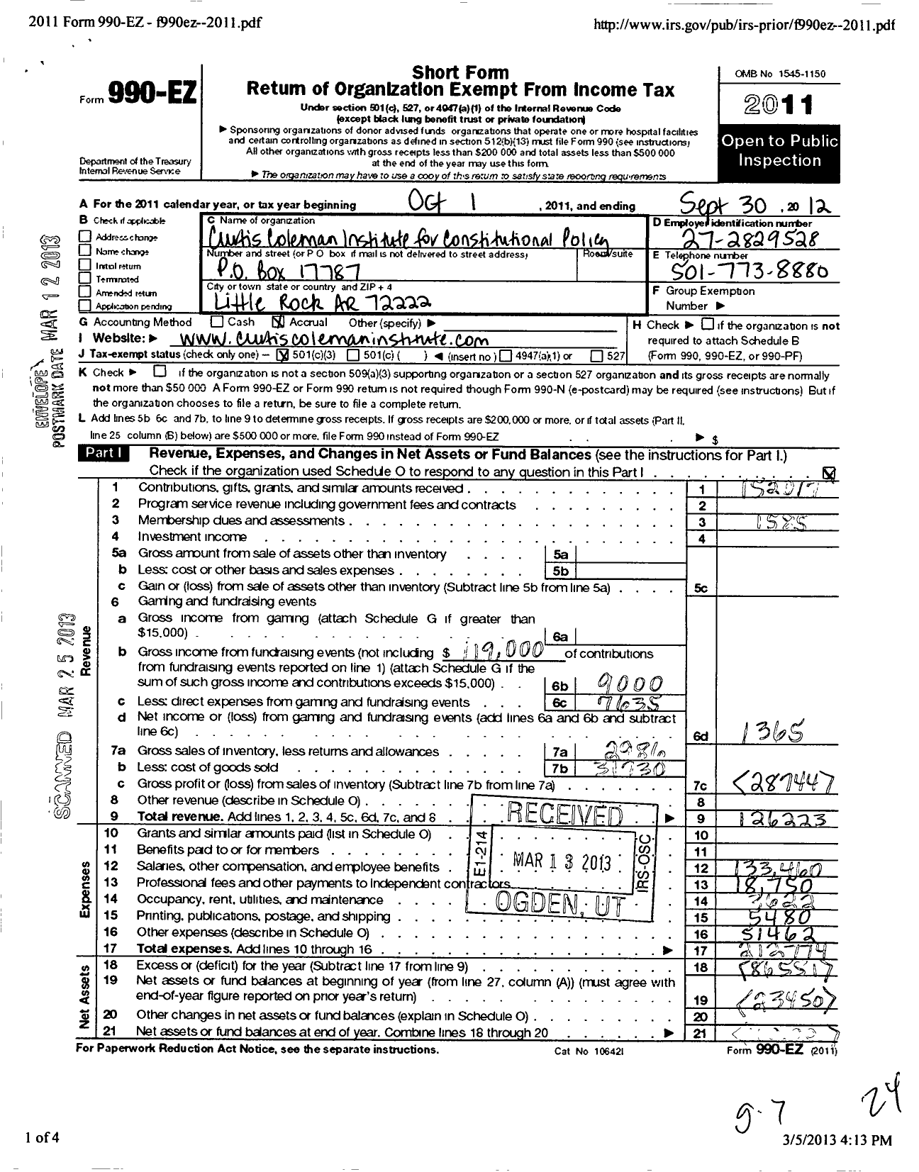 Image of first page of 2011 Form 990EZ for Curtis Coleman Institute for Constitutional Policy