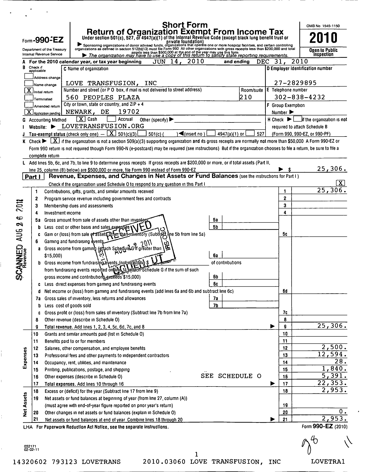 Image of first page of 2010 Form 990EZ for Love Transfusion