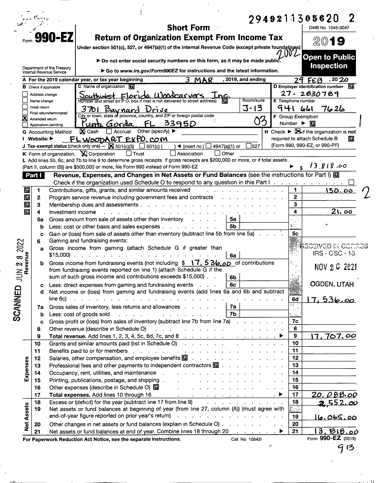 Image of first page of 2019 Form 990EZ for Southwest Florida Woodcarvers