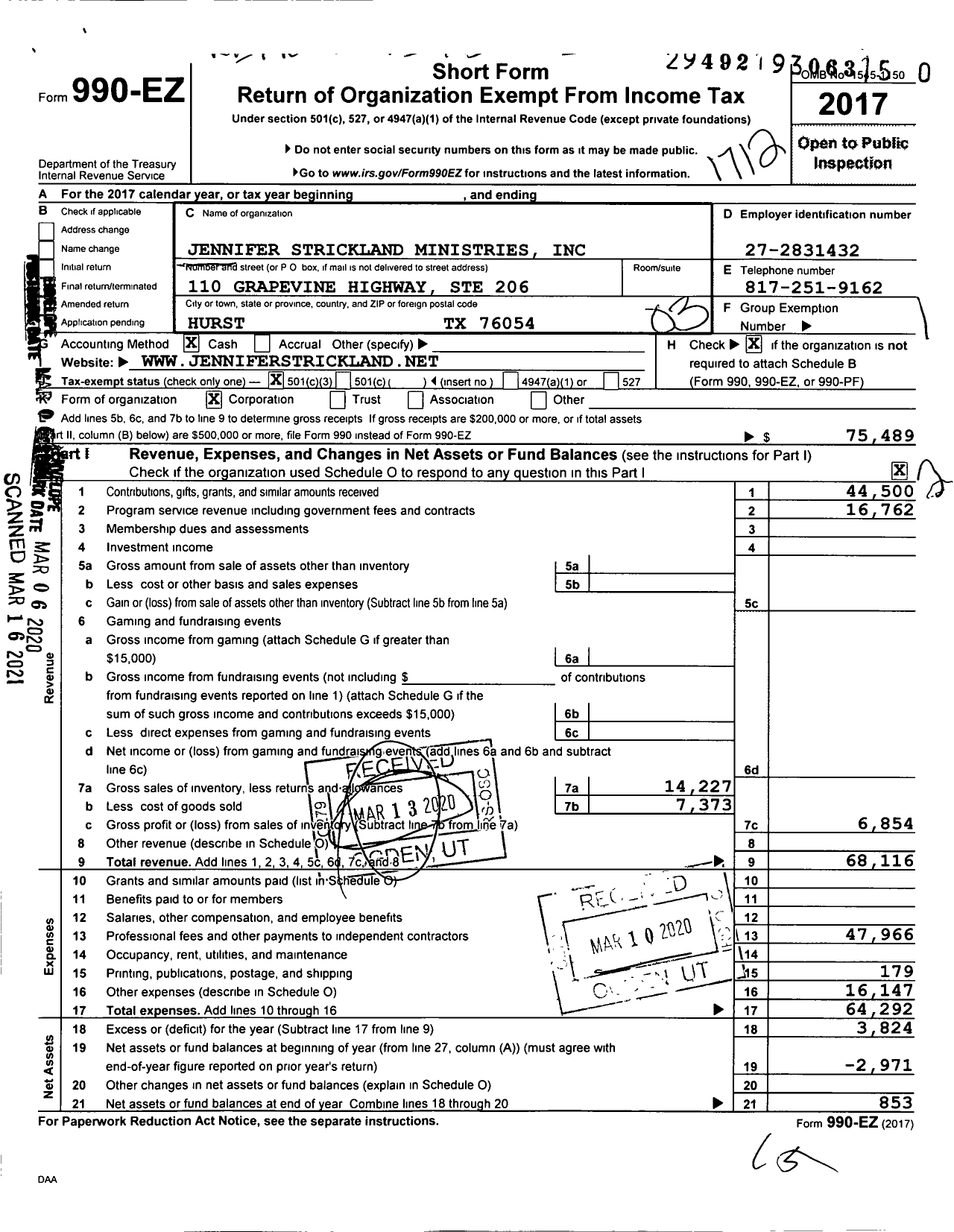 Image of first page of 2017 Form 990EZ for Jennifer Strickland Ministries