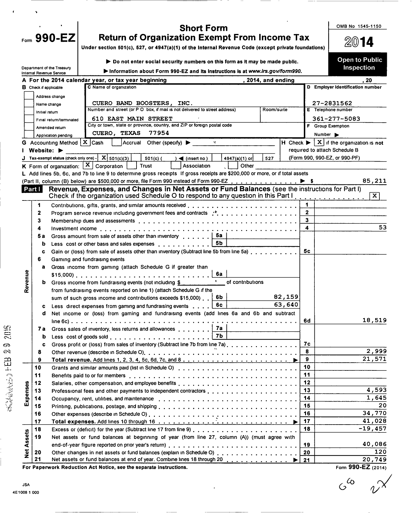 Image of first page of 2014 Form 990EZ for Cuero Band Boosters