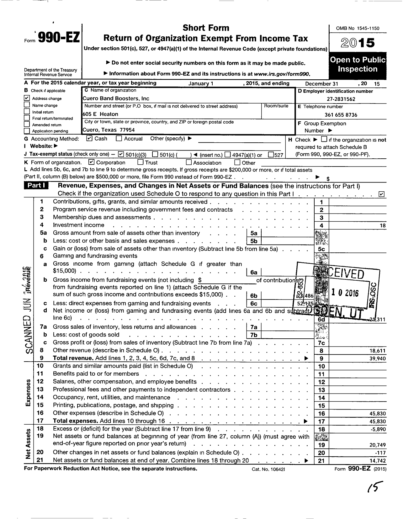 Image of first page of 2015 Form 990EZ for Cuero Band Boosters