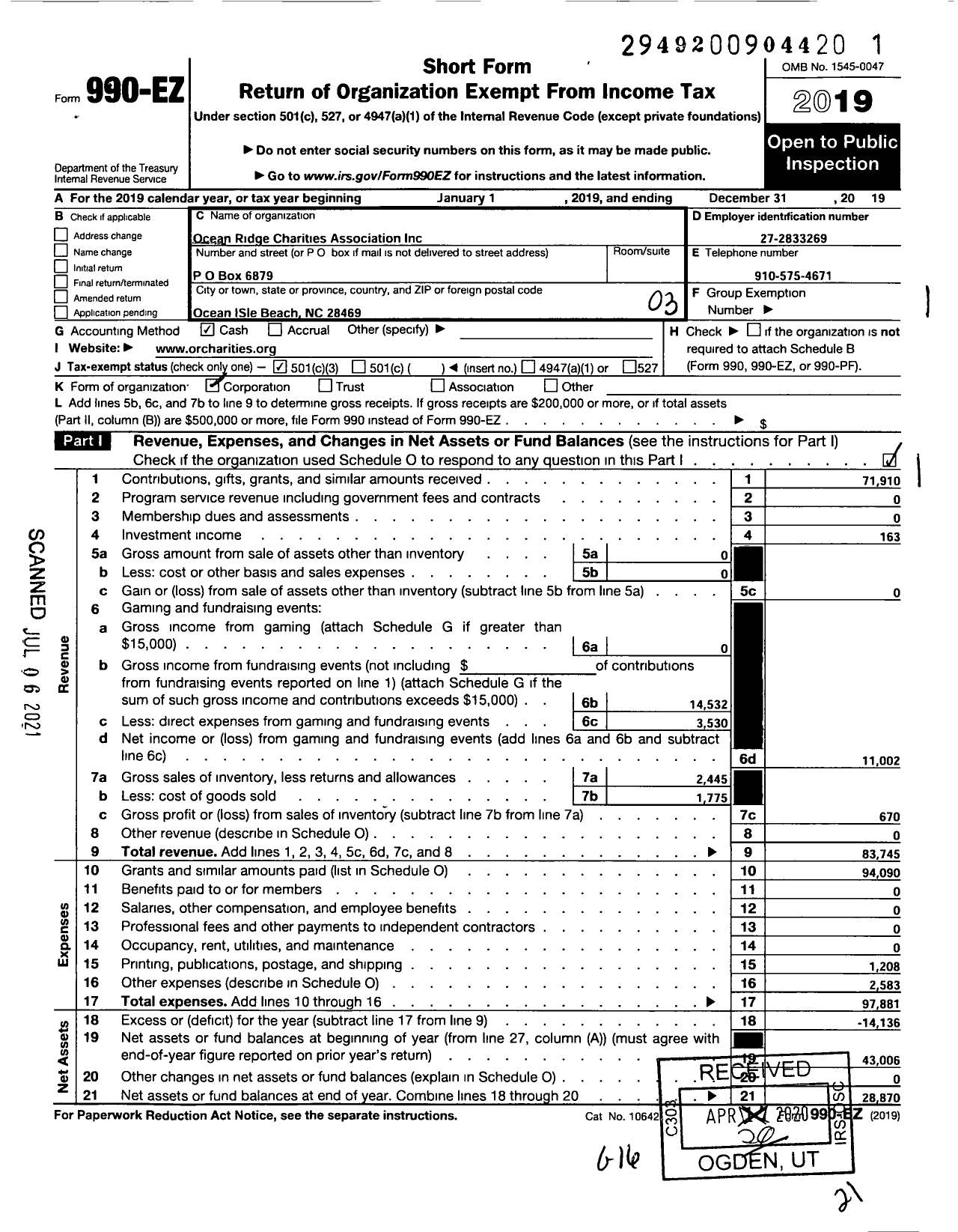 Image of first page of 2019 Form 990EZ for Ocean Ridge Charities Association