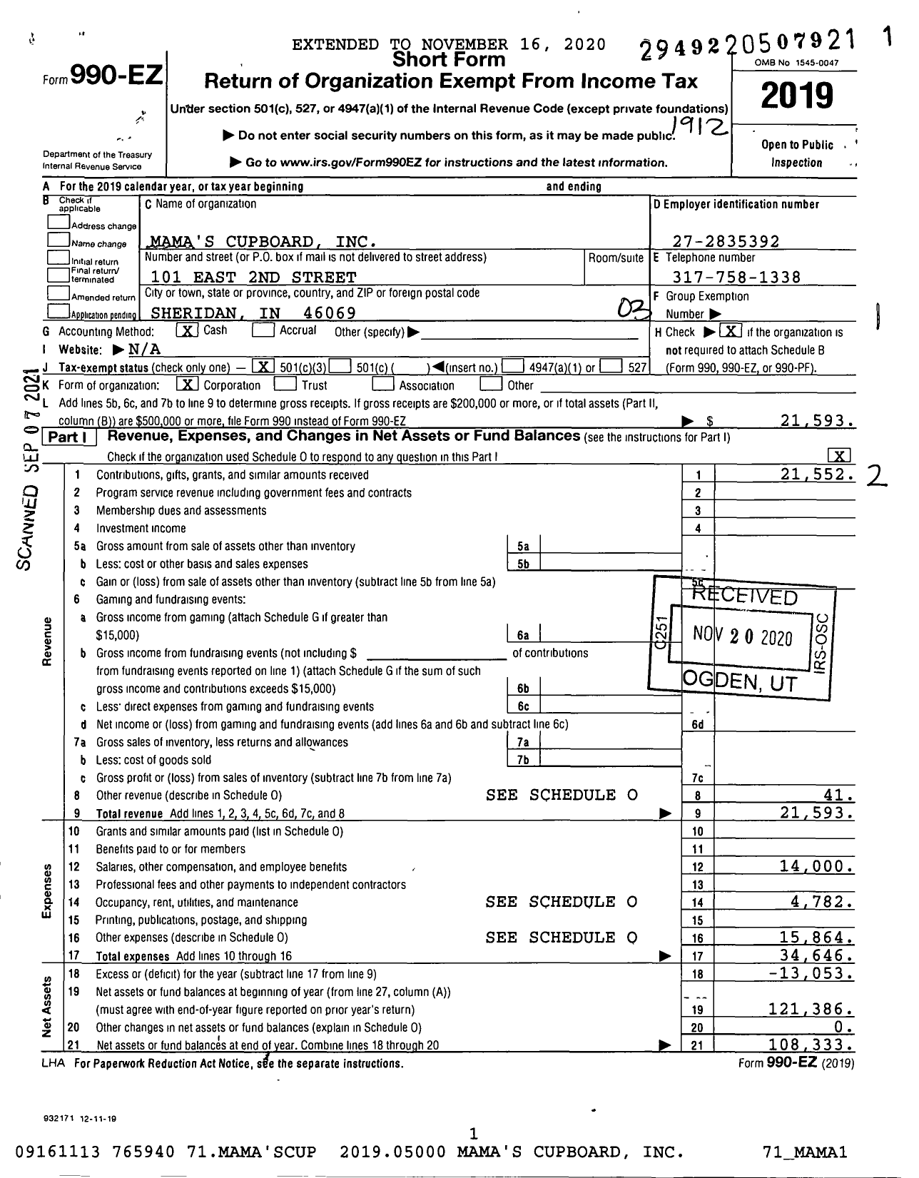 Image of first page of 2019 Form 990EZ for Mama's Cupboard