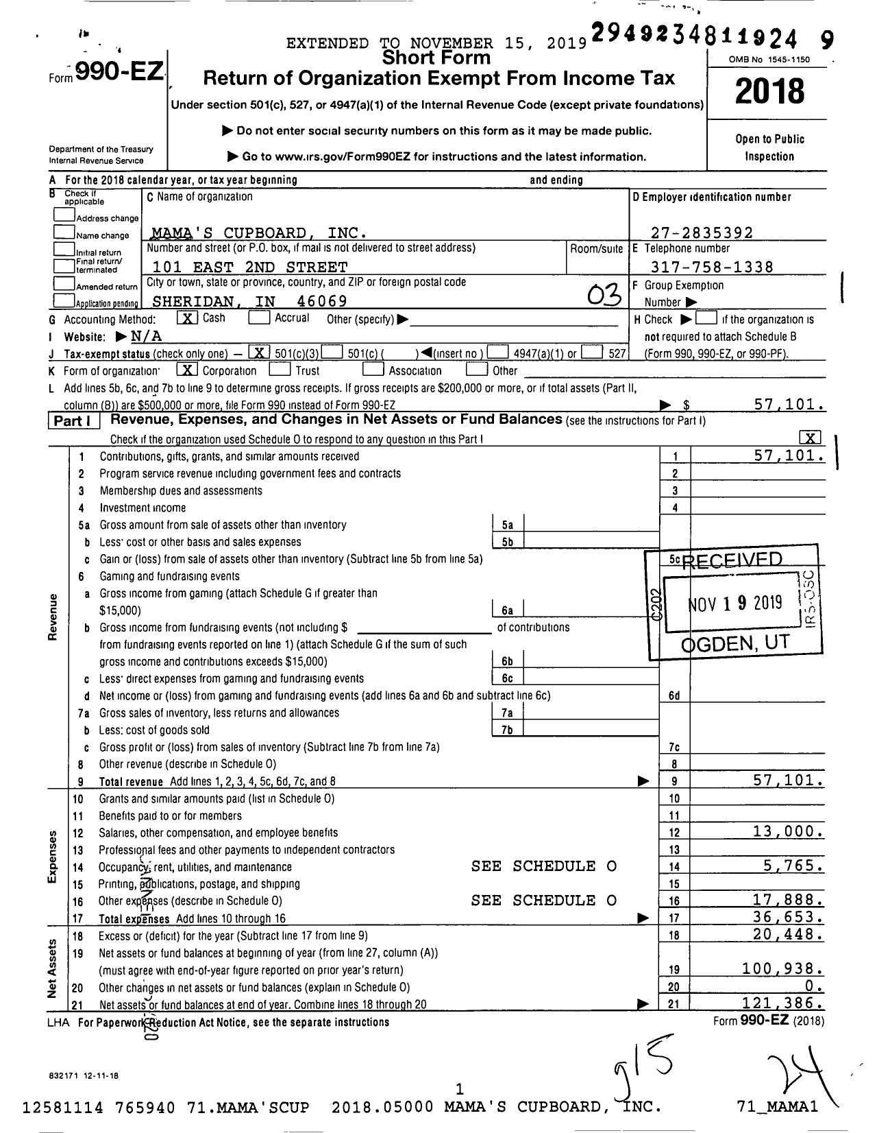 Image of first page of 2018 Form 990EZ for Mama's Cupboard