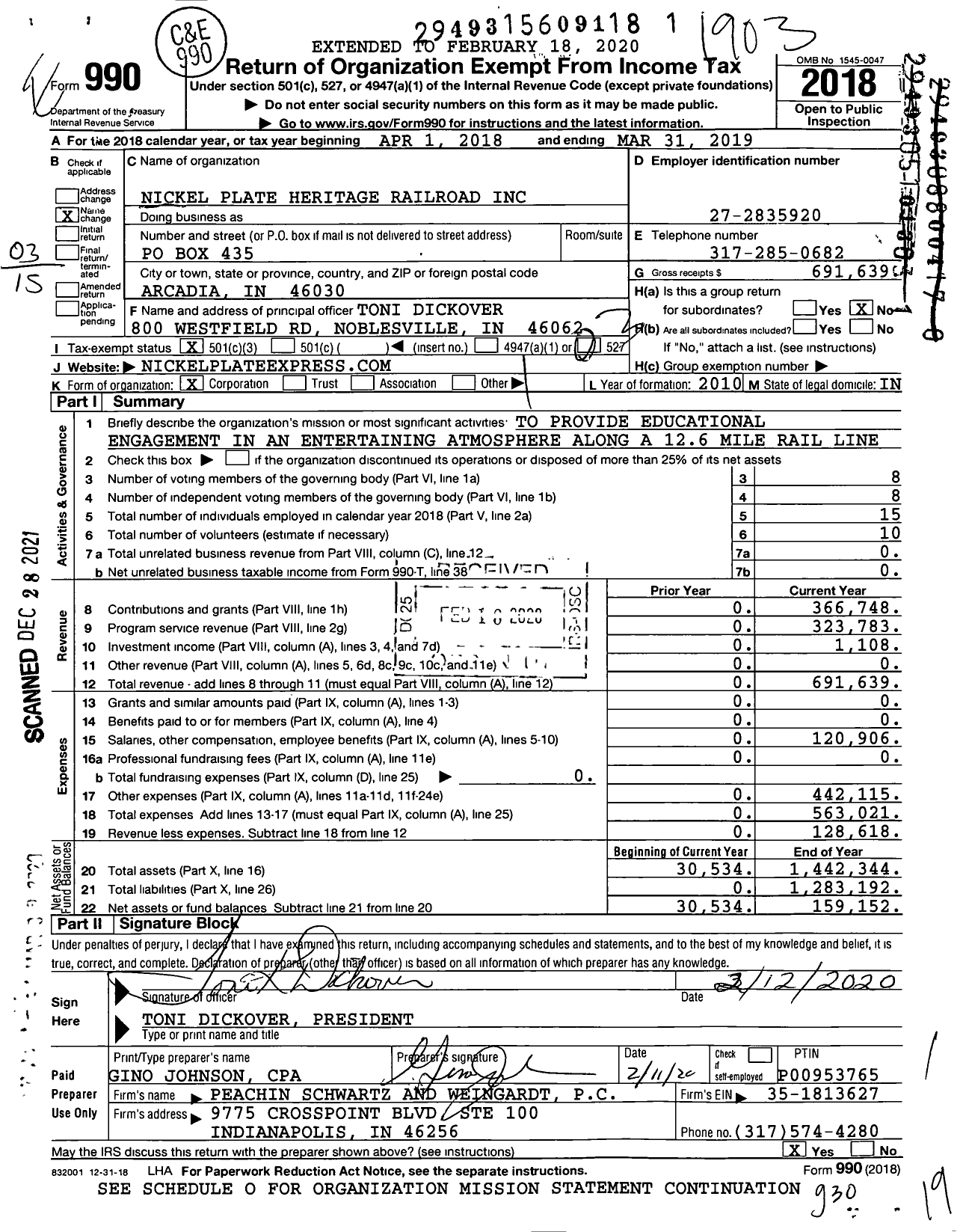 Image of first page of 2018 Form 990 for Nickel Plate Heritage Railroad