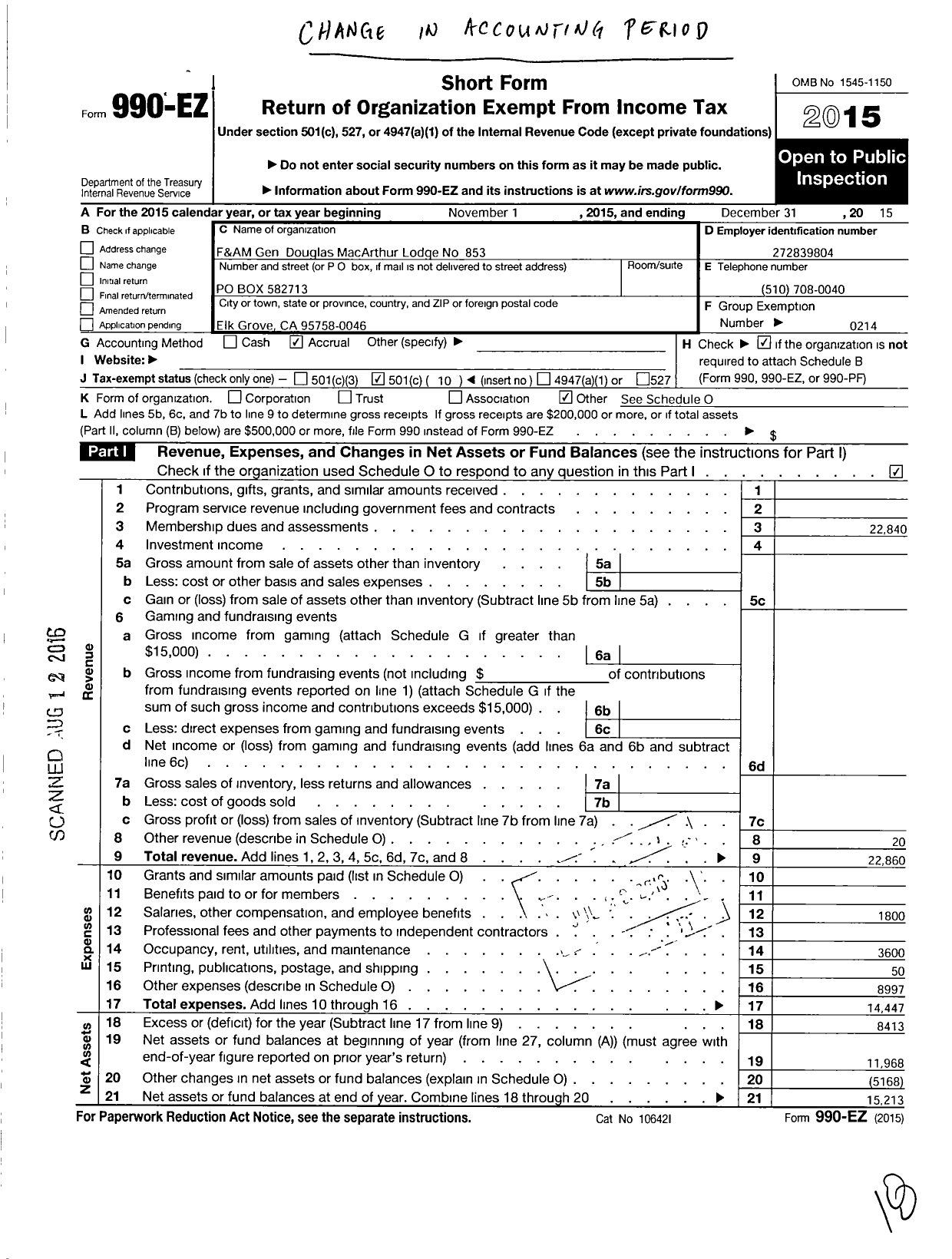 Image of first page of 2015 Form 990EO for Masons of California - 853 General Douglas Macarthur