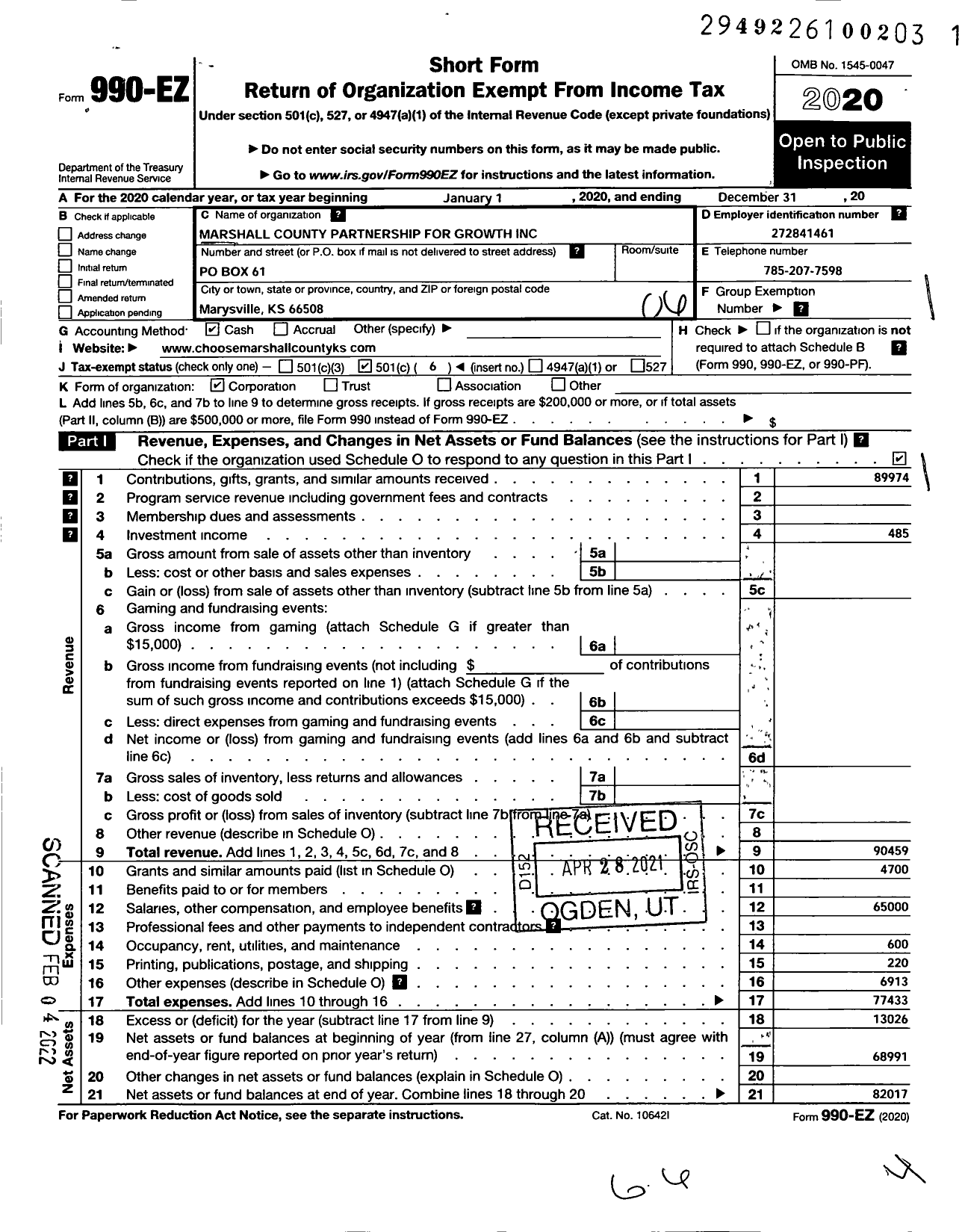 Image of first page of 2020 Form 990EO for Marshall County Partnership for Growth