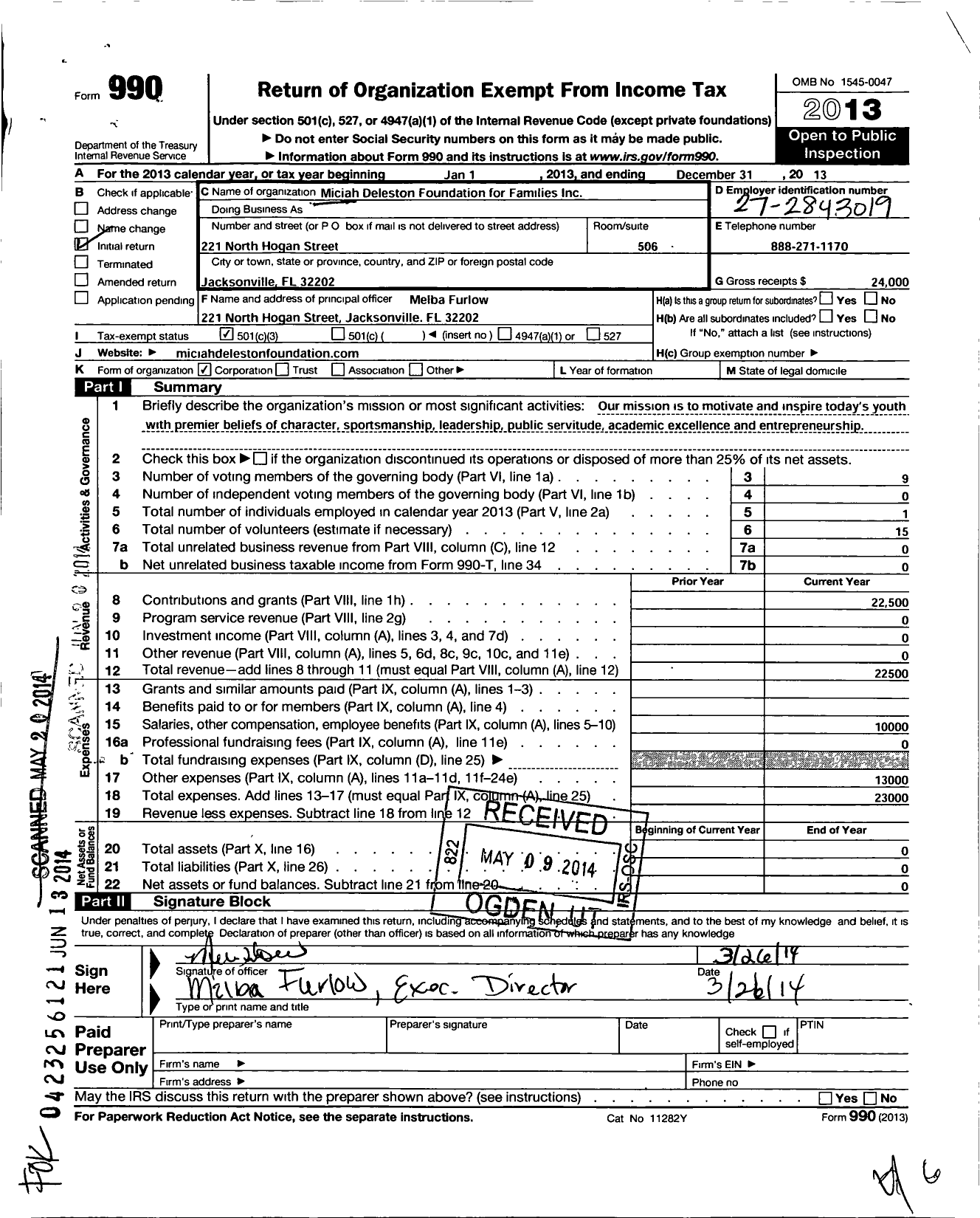 Image of first page of 2013 Form 990 for Miciah Deleston Foundation for Families