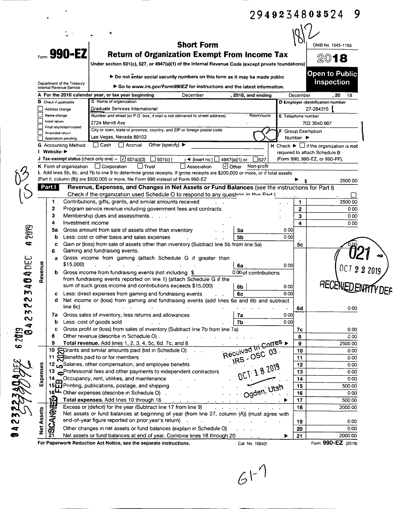 Image of first page of 2018 Form 990EZ for Graduate Services International