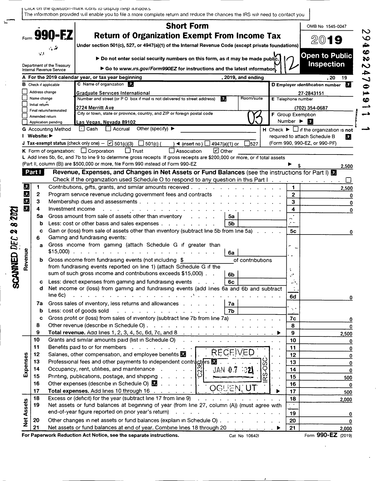 Image of first page of 2019 Form 990EZ for Graduate Services International