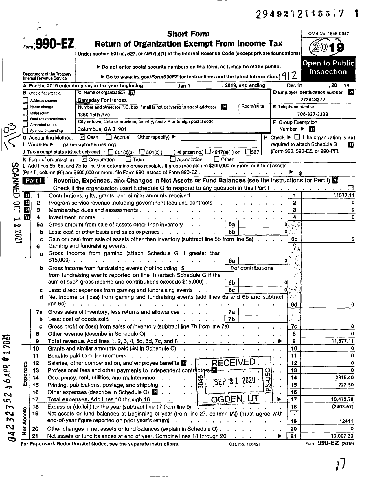 Image of first page of 2019 Form 990EZ for Gameday For Heroes