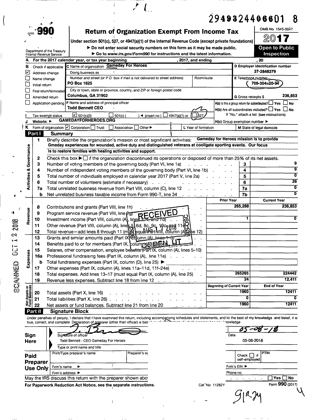 Image of first page of 2017 Form 990 for Gameday For Heroes