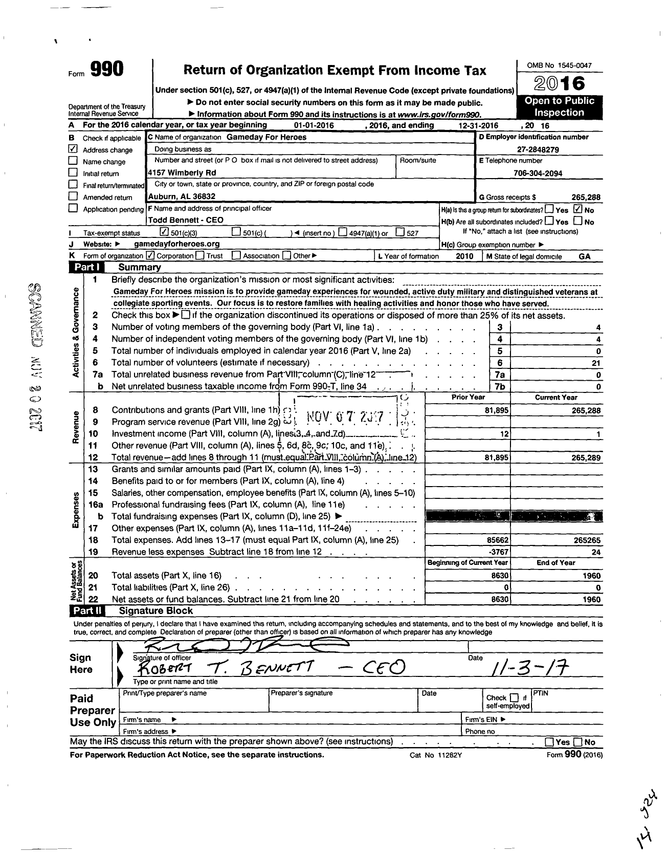 Image of first page of 2016 Form 990 for Gameday For Heroes