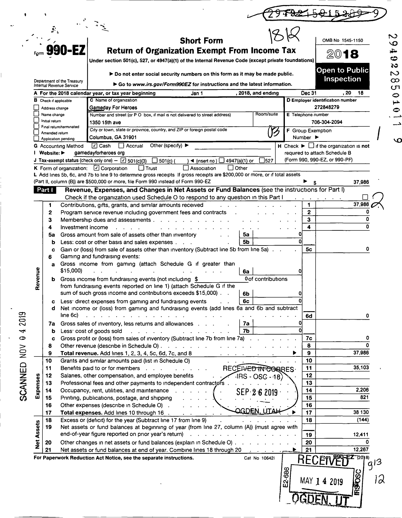 Image of first page of 2018 Form 990EZ for Gameday For Heroes