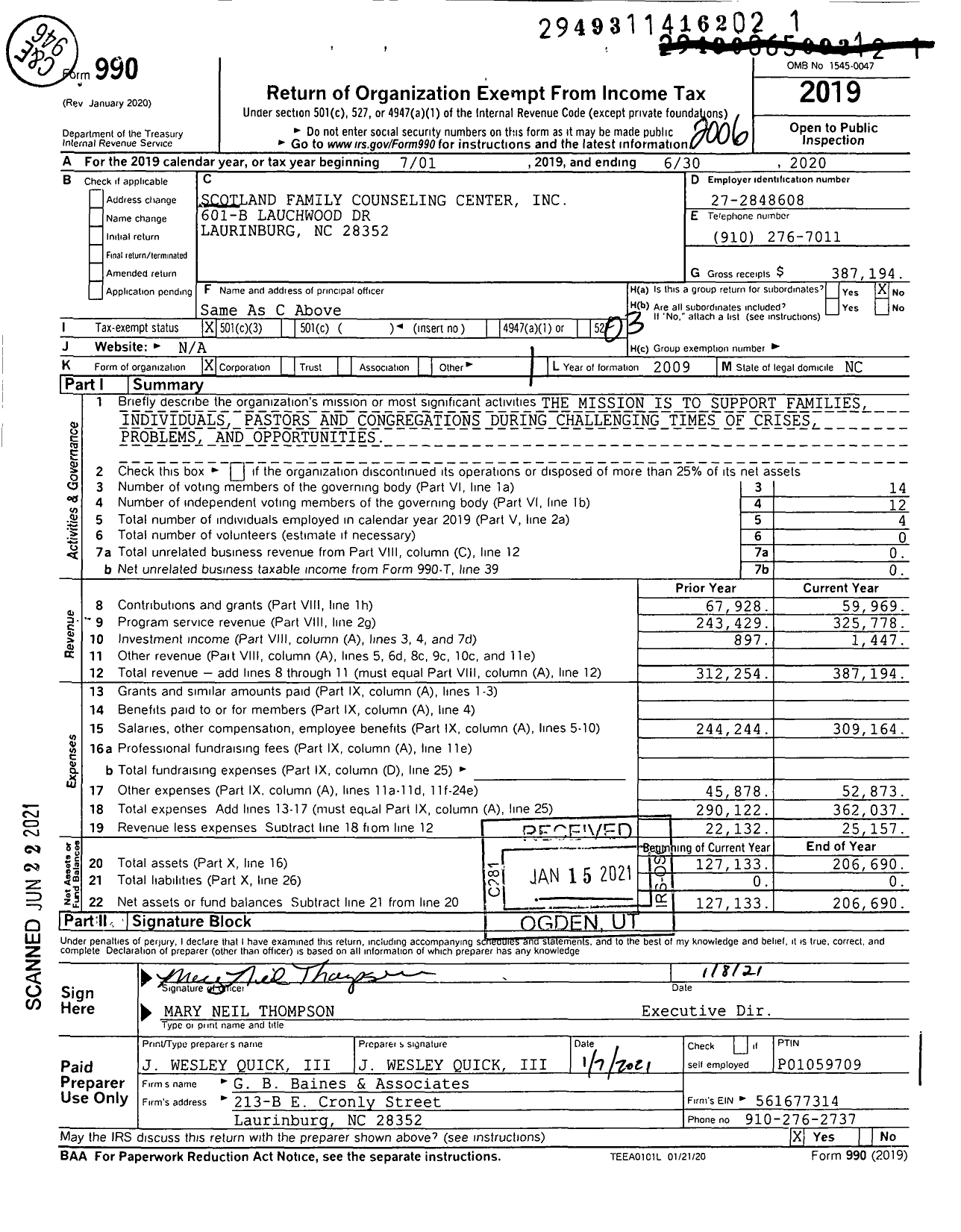 Image of first page of 2019 Form 990 for Scotland Family Counseling Center